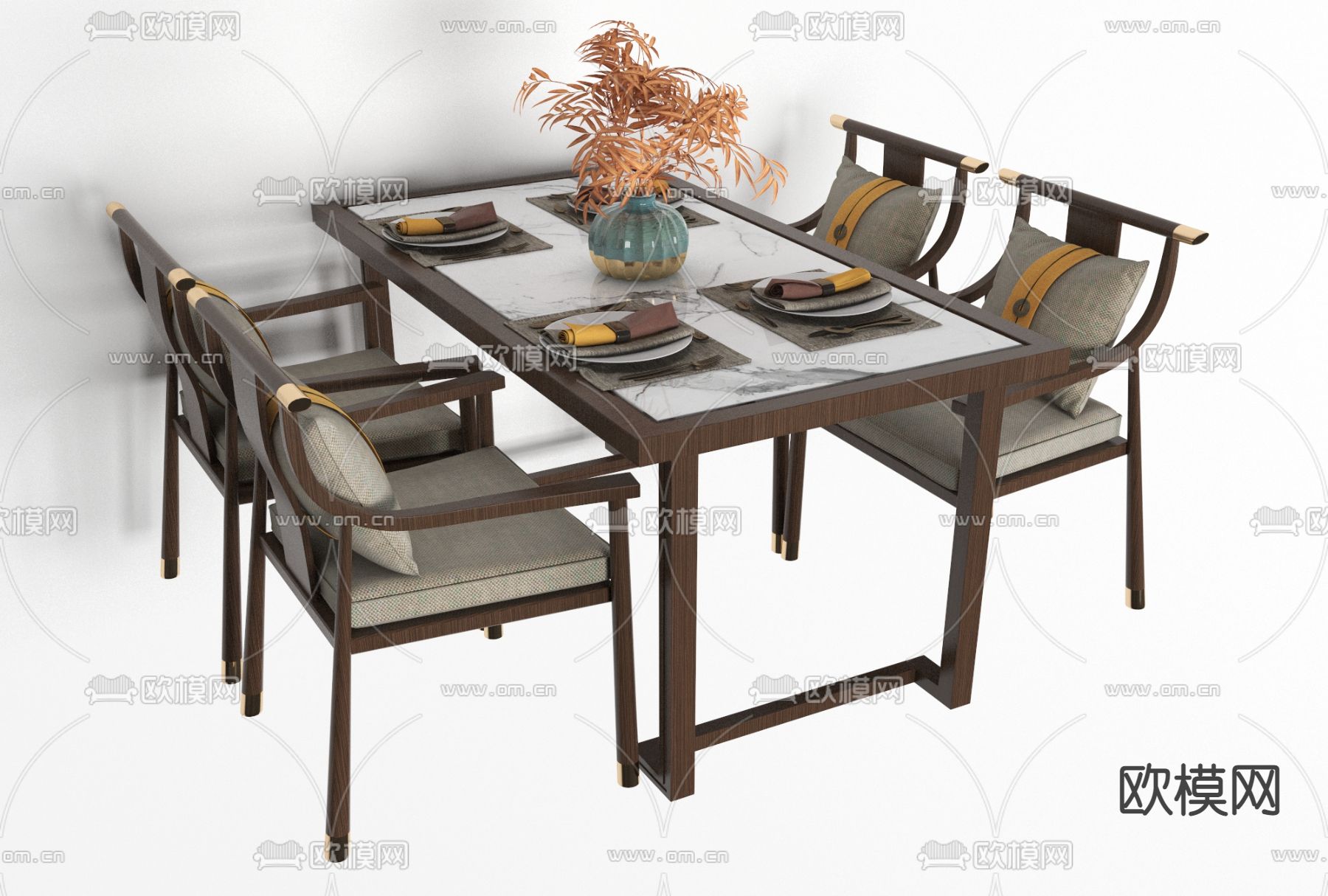 新中式实木餐桌椅免费3d模型下载