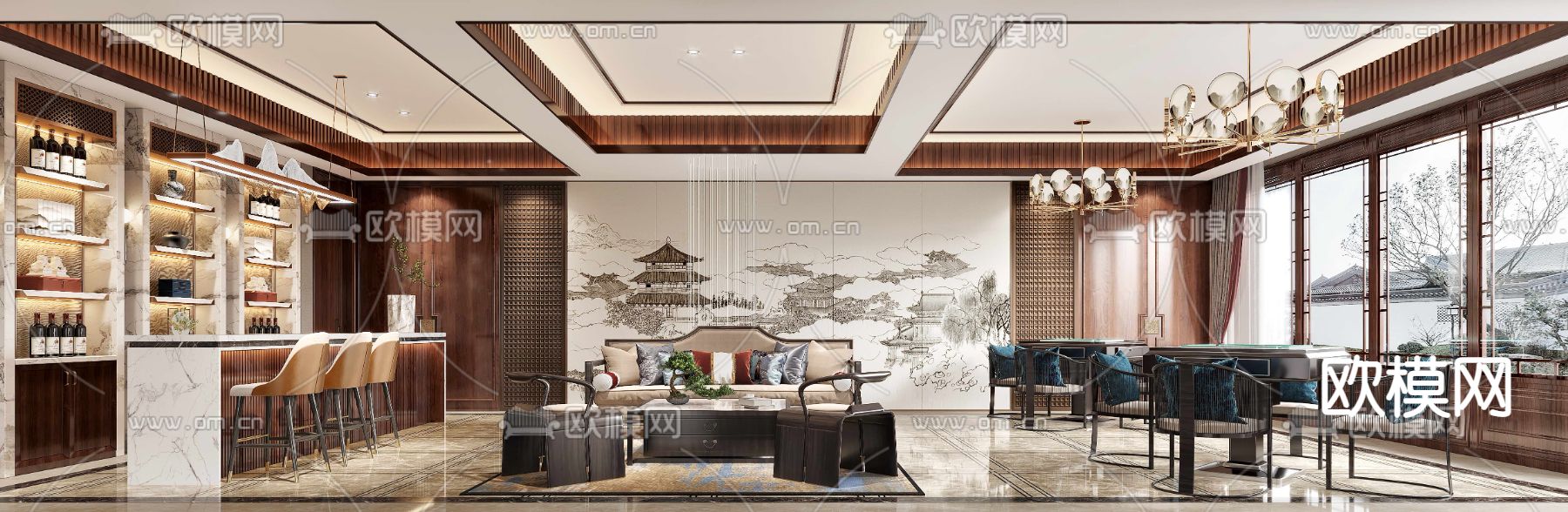 新中式休闲区棋牌室3d模型下载