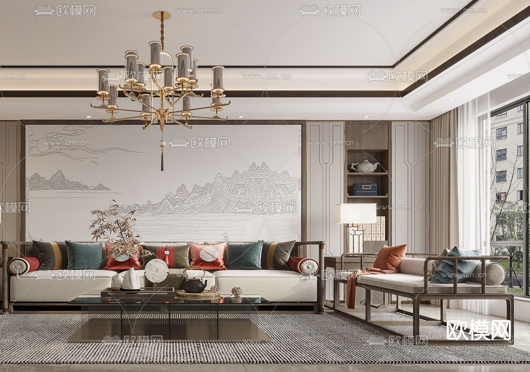 新中式布艺沙发组合3d模型下载（渲染图3）