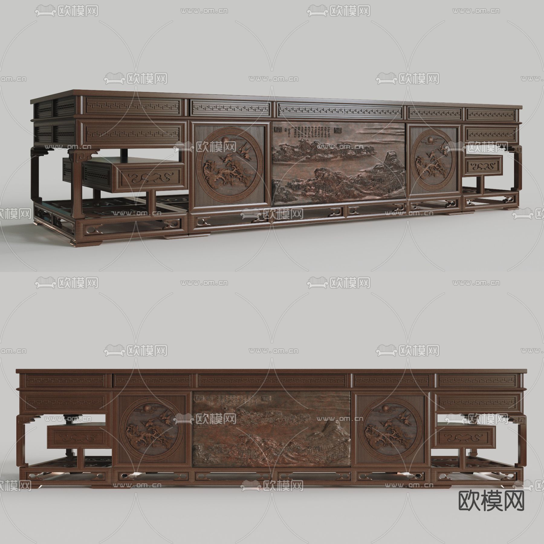 新中式实木浮雕班台桌3d模型下载