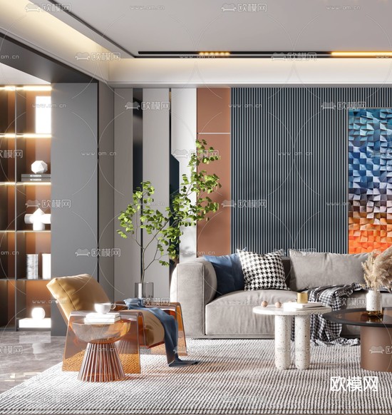 现代轻奢客厅3d模型下载(渲染图3)