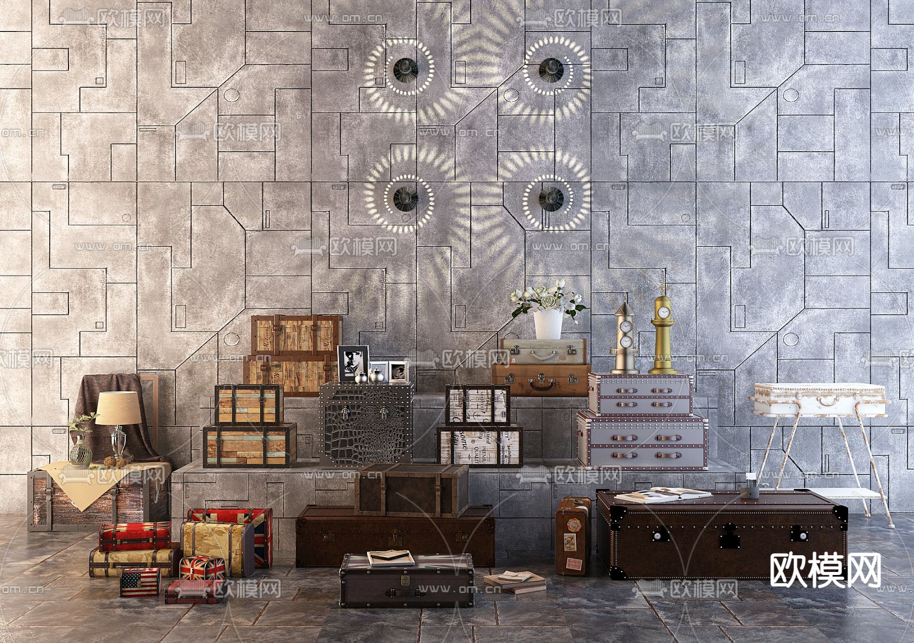 美式皮革箱子3d模型下载