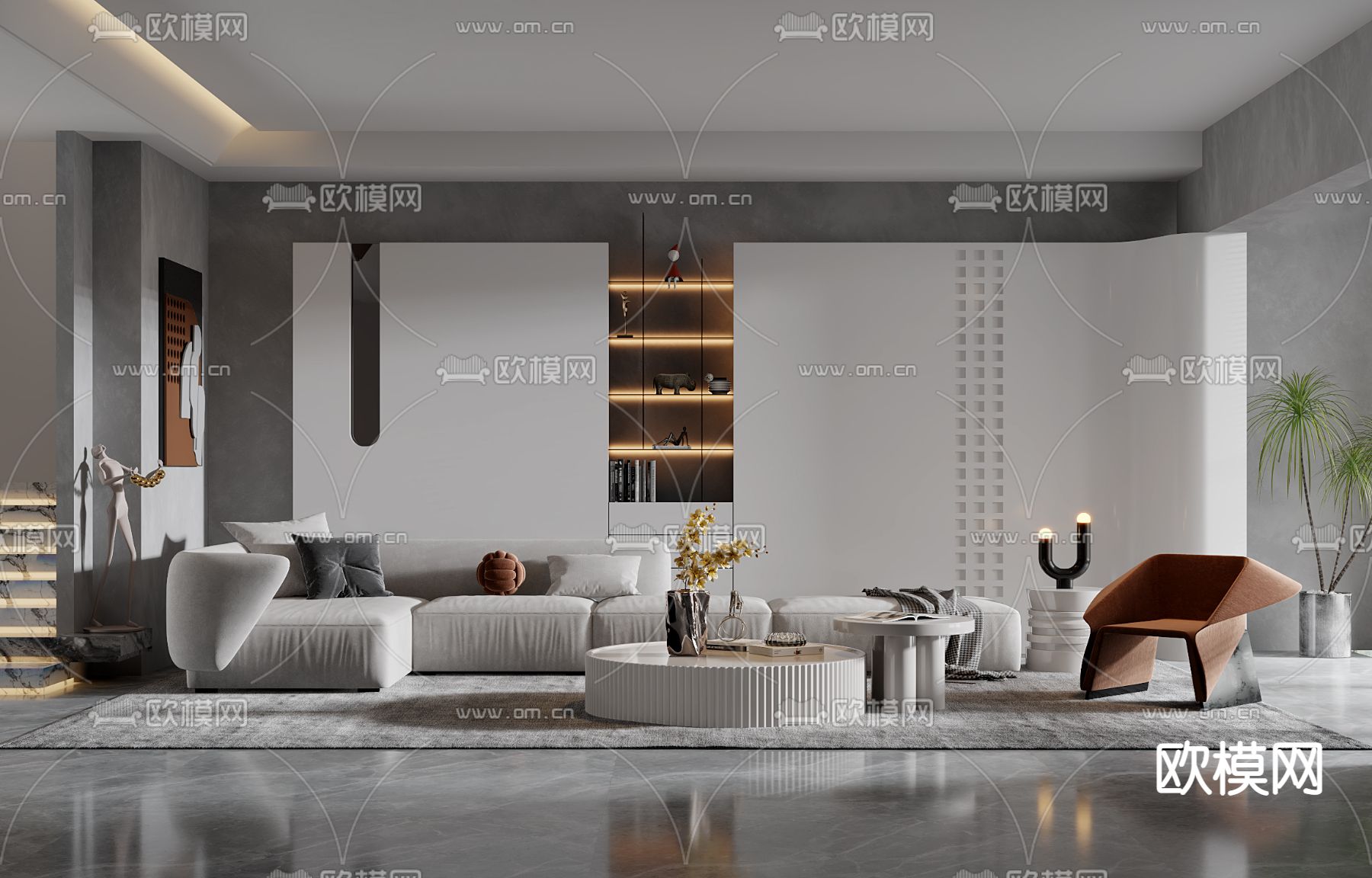 现代布艺转角沙发组合3d模型下载（渲染图1）