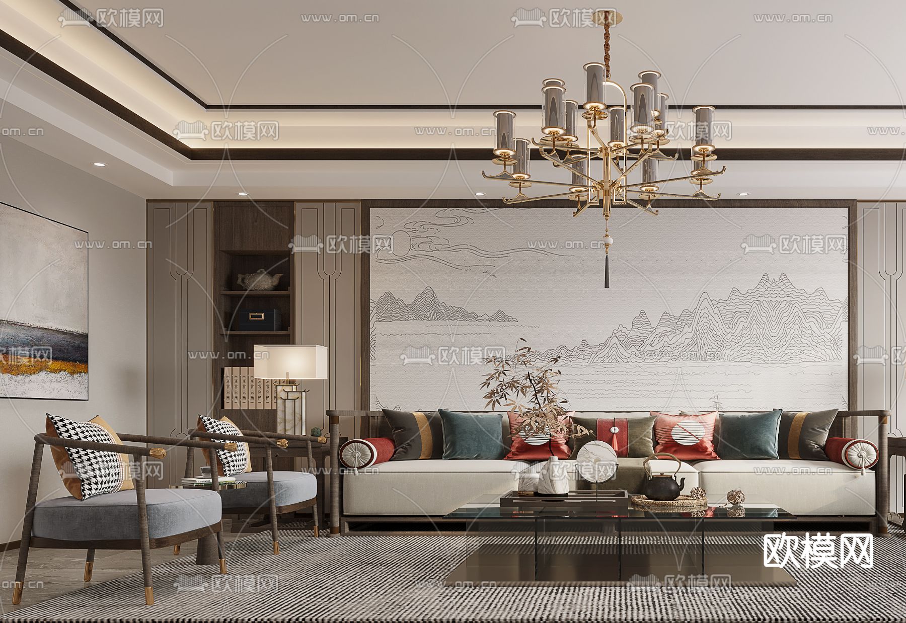 新中式布艺沙发组合3d模型下载（渲染图2）