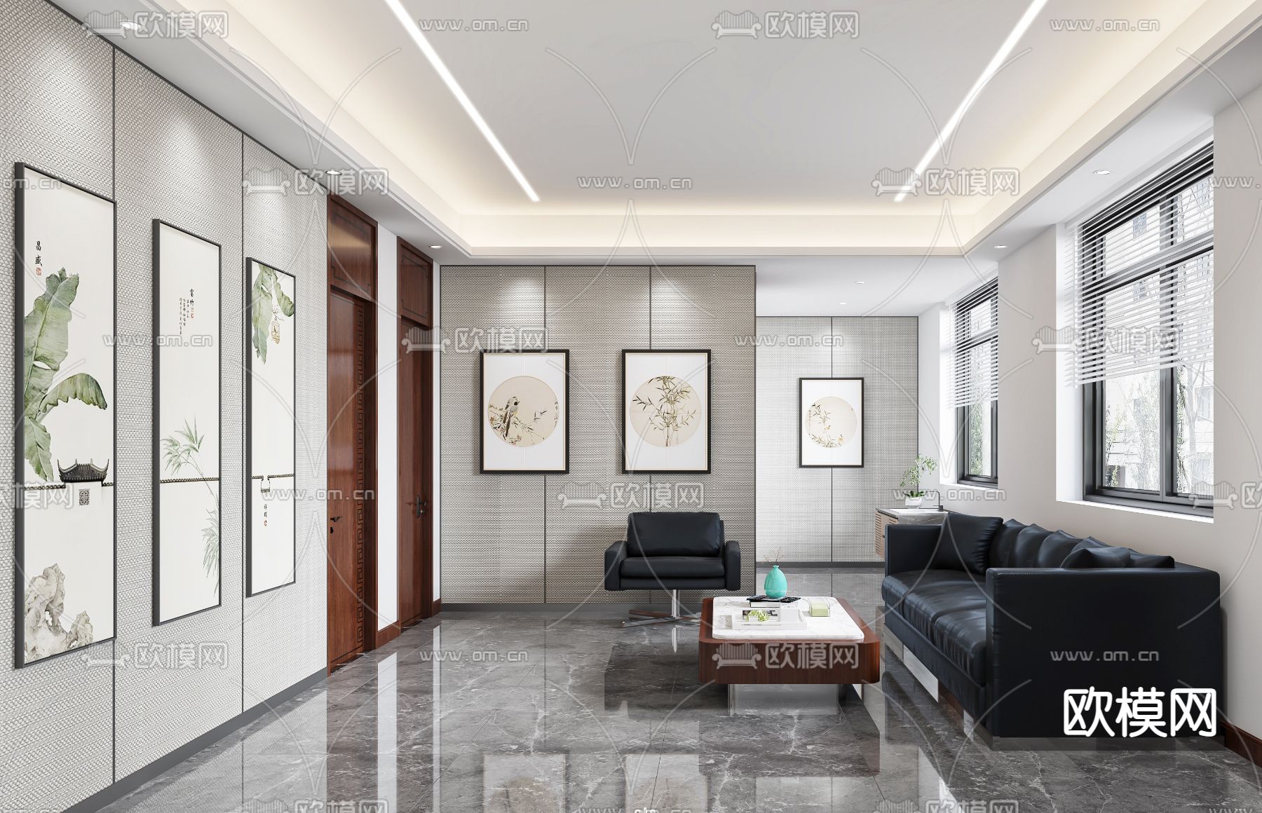 新中式办公室接待区免费3d模型下载