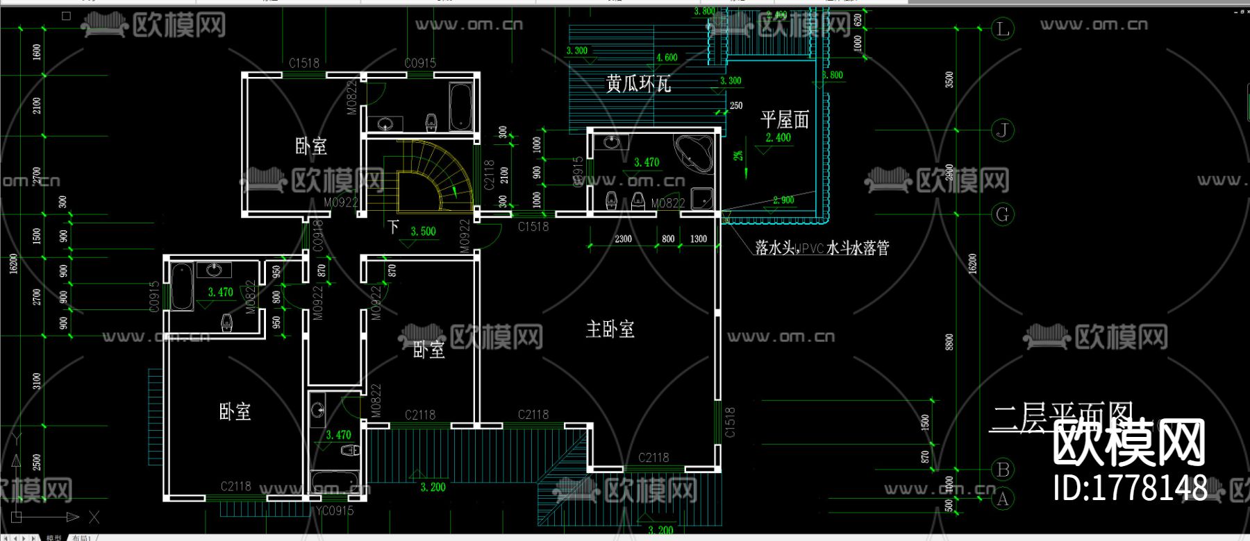 苏式江南二层别墅CAD施工图下载（渲染图2）