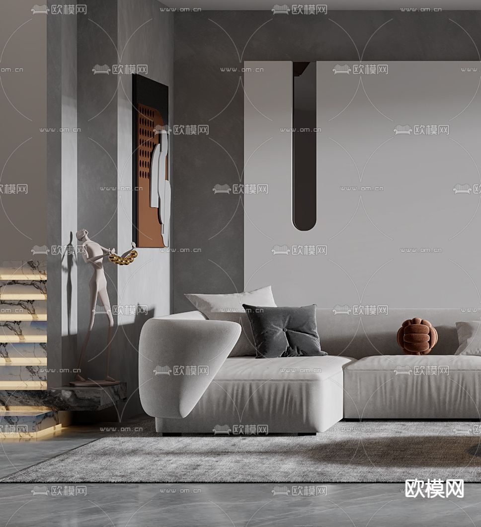 现代布艺转角沙发组合3d模型下载（渲染图2）