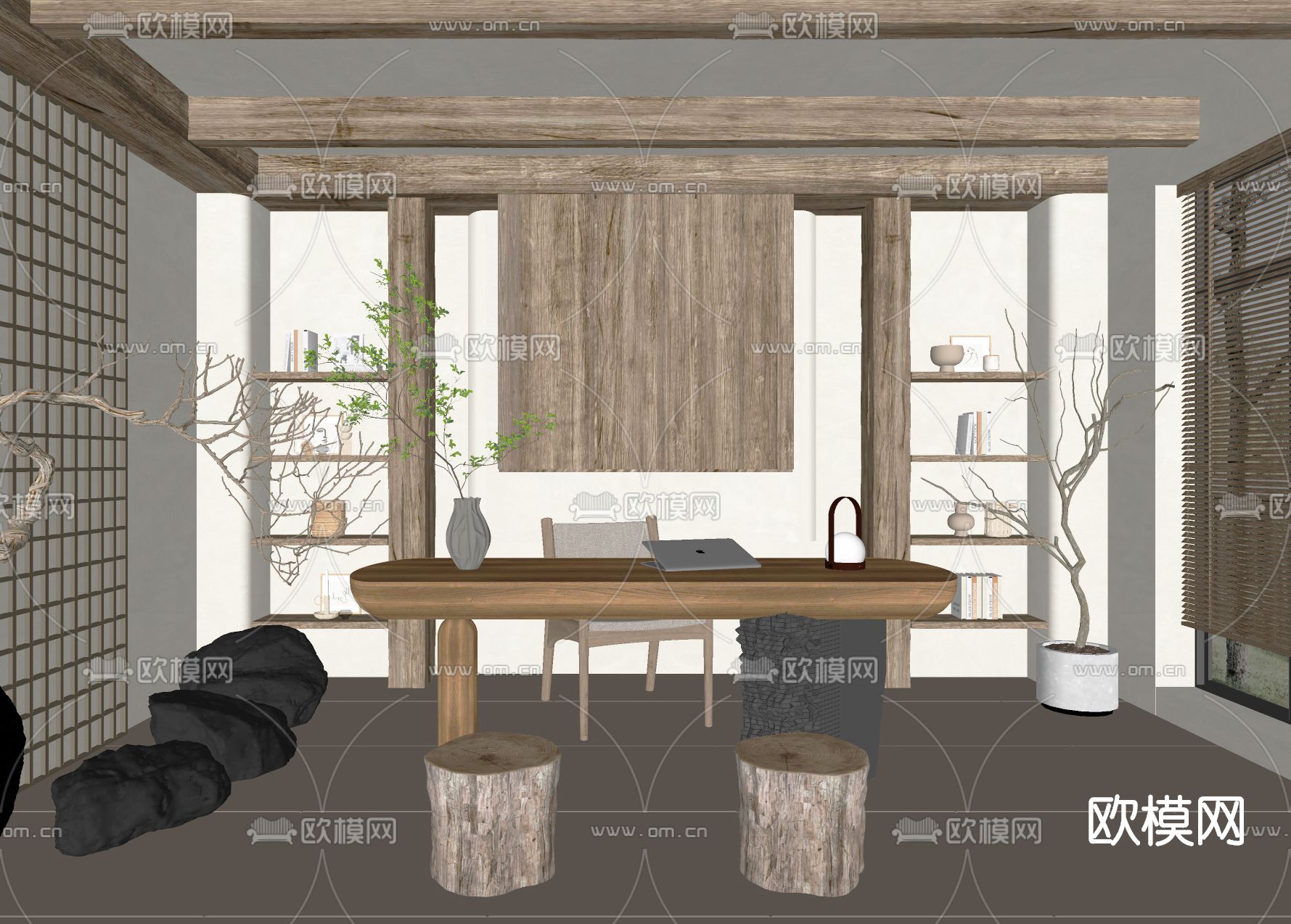 侘寂风书房su模型下载（渲染图2）
