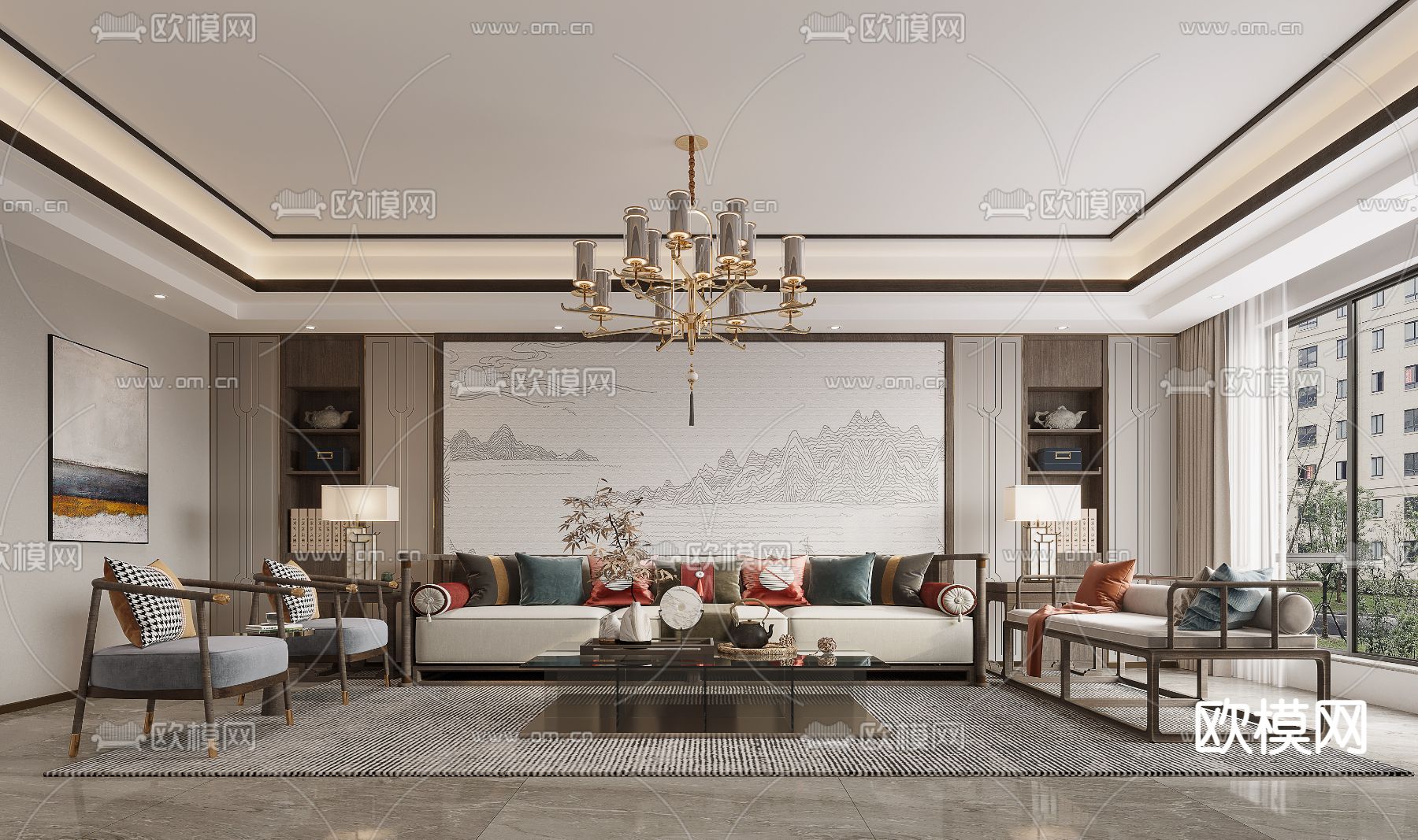 新中式布艺沙发组合3d模型下载（渲染图1）