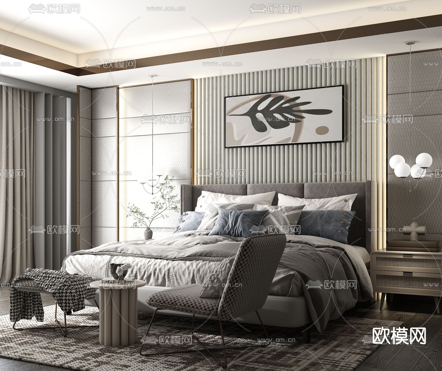 现代布艺双人床su模型下载（渲染图1）