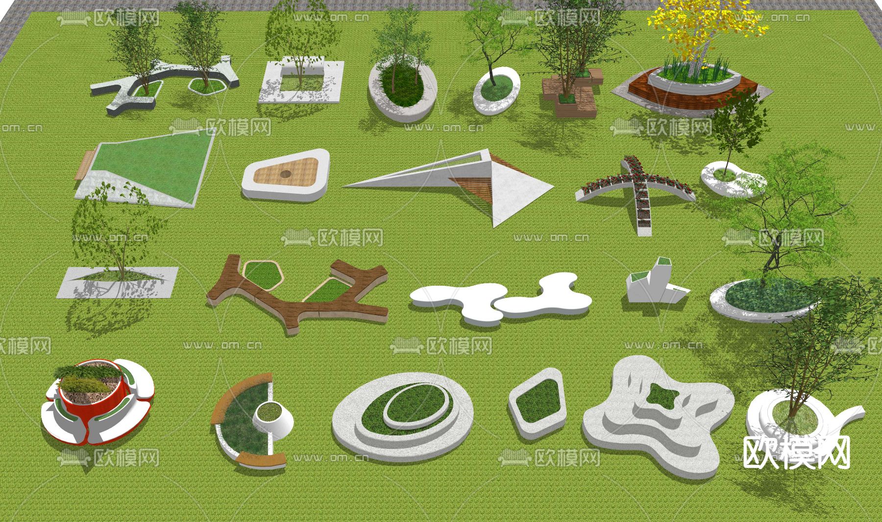 现代异形景观树池花坛座椅su模型下载（渲染图1）