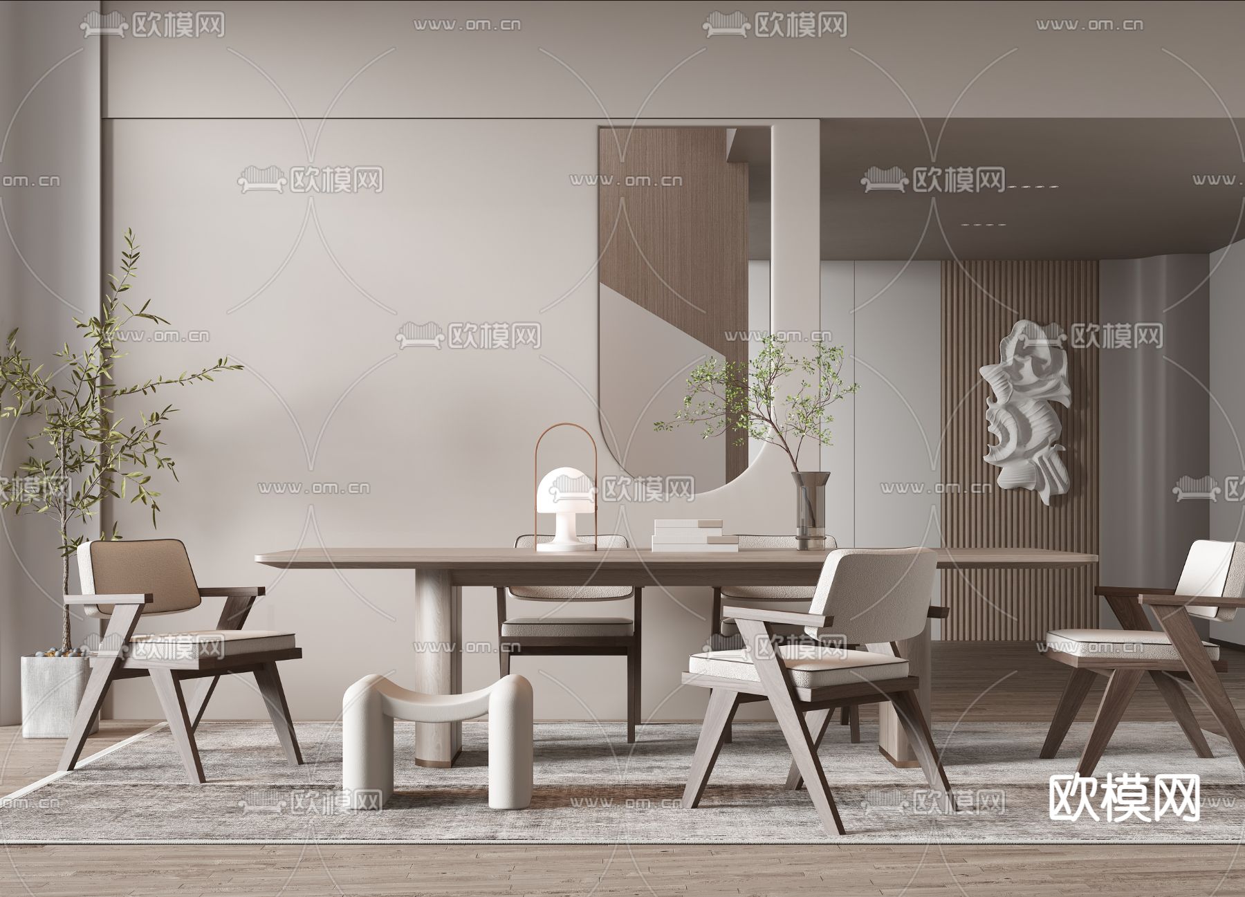 侘寂实木餐桌椅3d模型下载