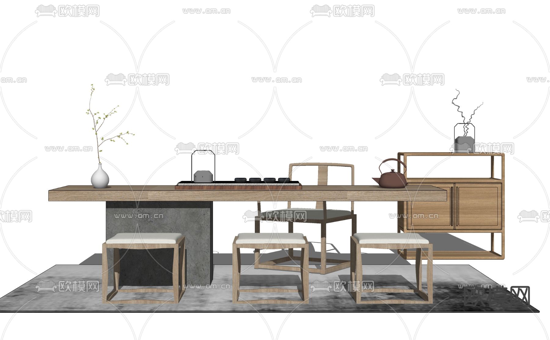 新中式实木茶桌椅su模型