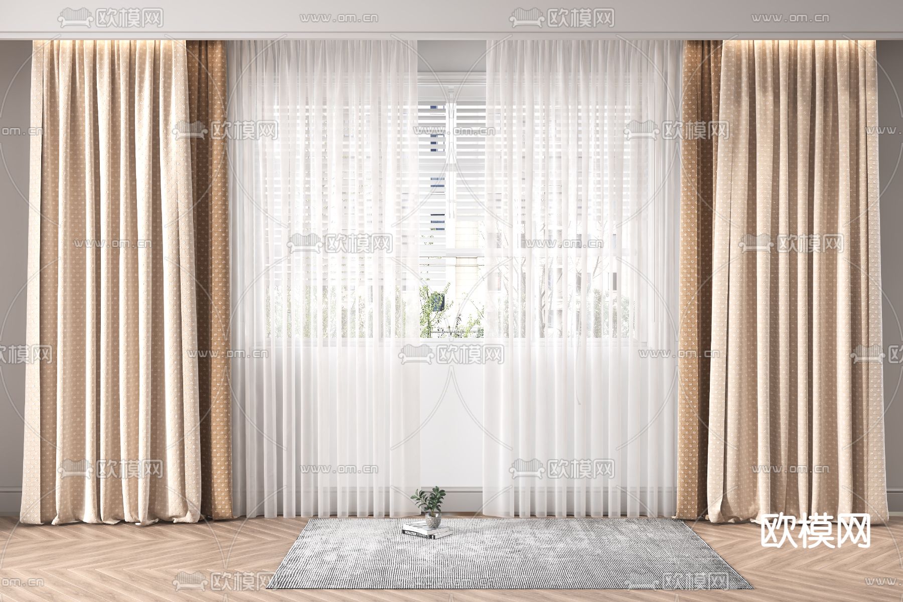 现代布艺窗帘3d模型下载（渲染图1）