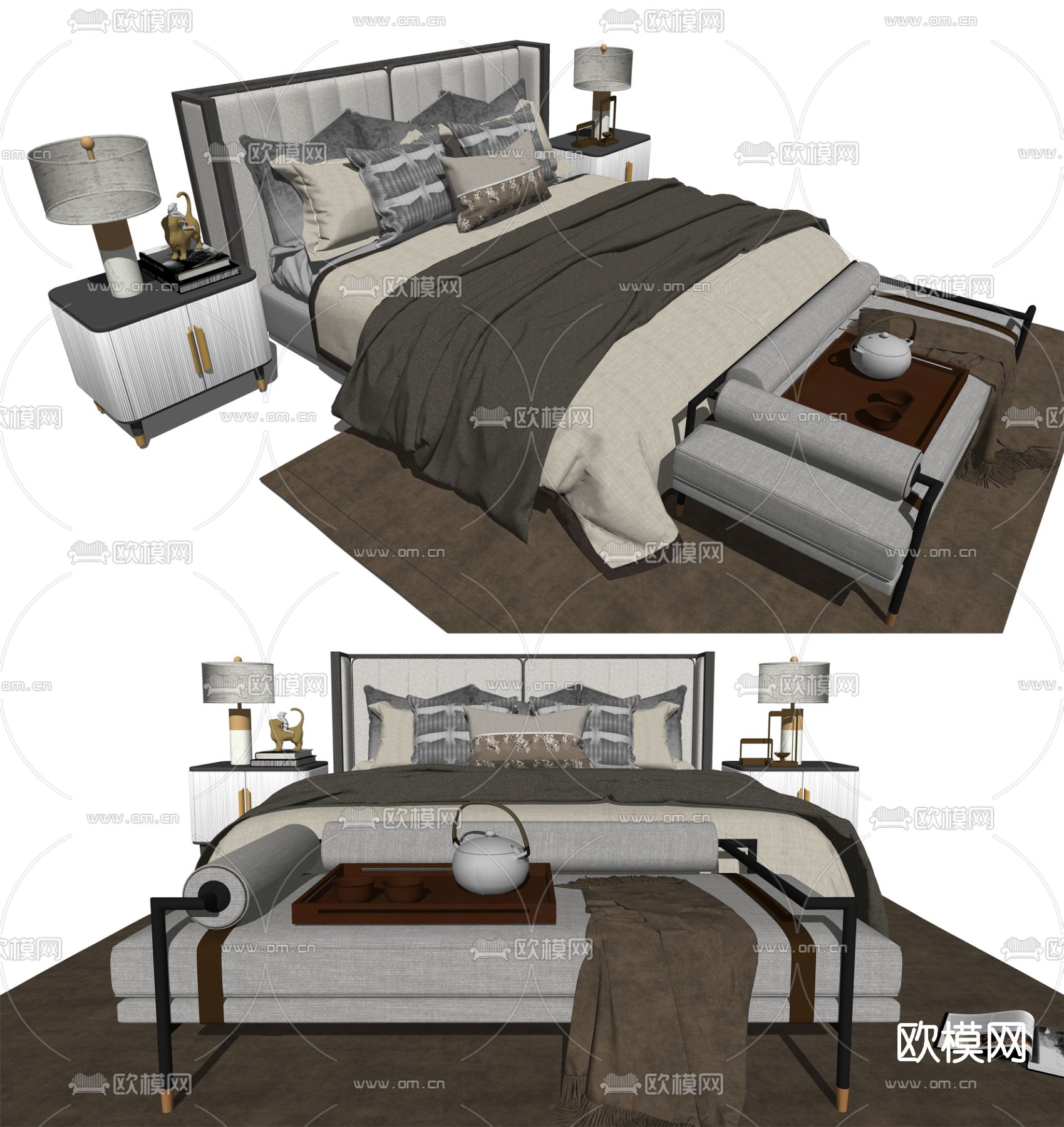 新中式布艺沙发组合su模型下载（渲染图2）