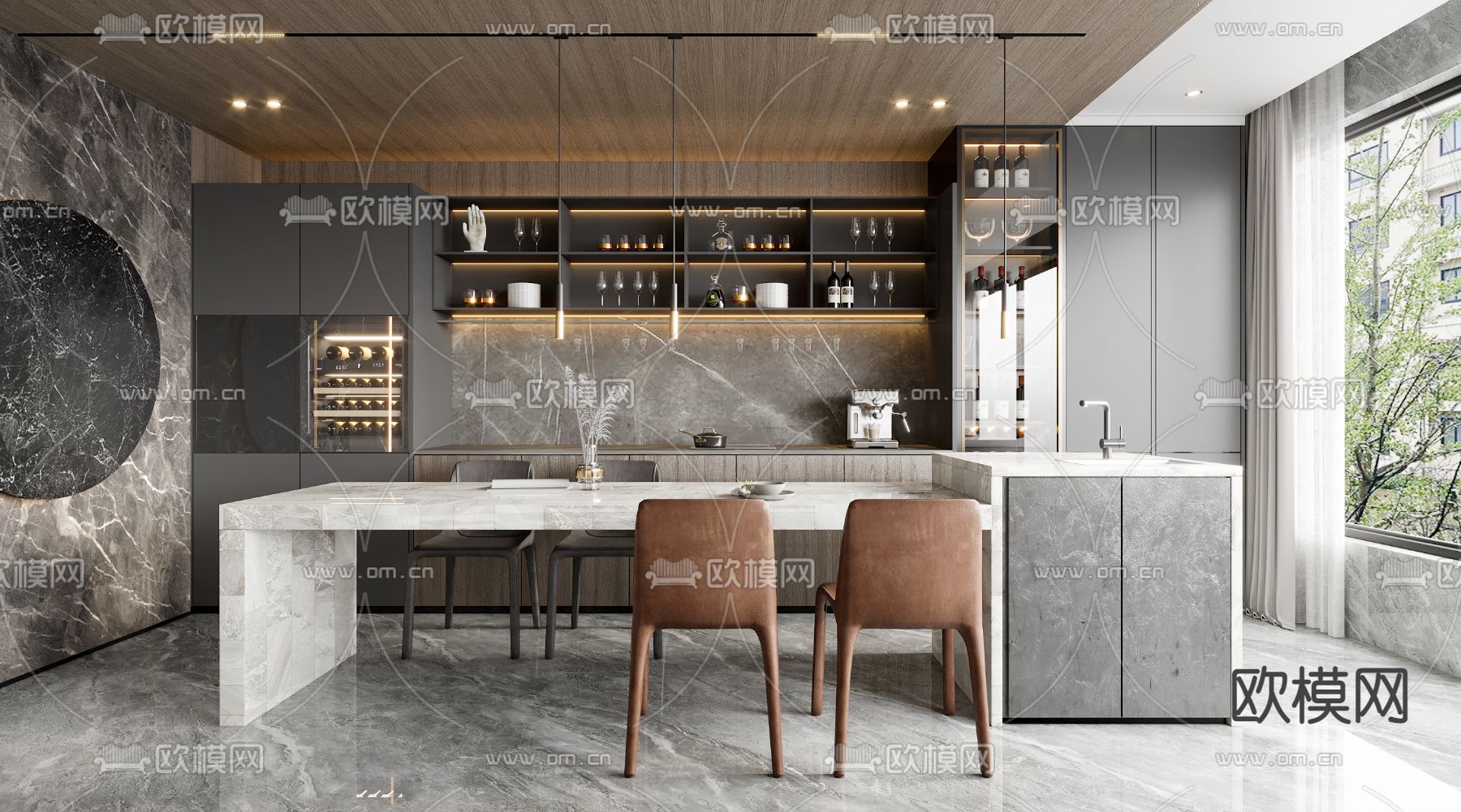 现代中岛餐厅厨房3d模型下载