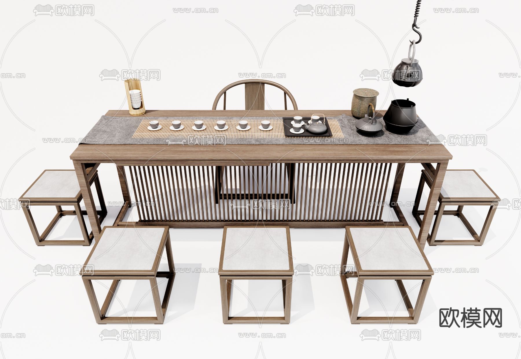 新中式茶桌椅su模型下载（渲染图1）