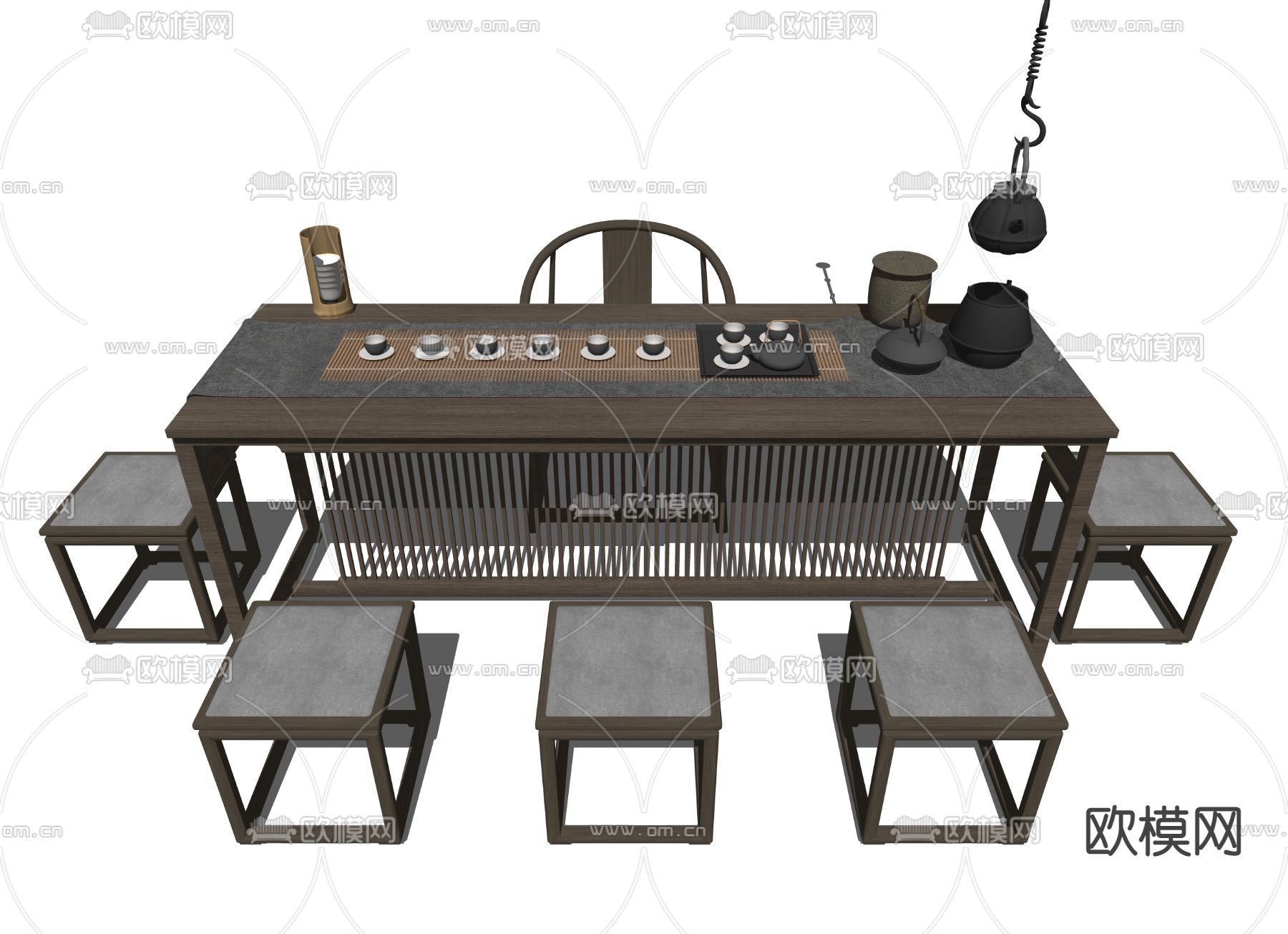 新中式茶桌椅su模型下载（渲染图2）