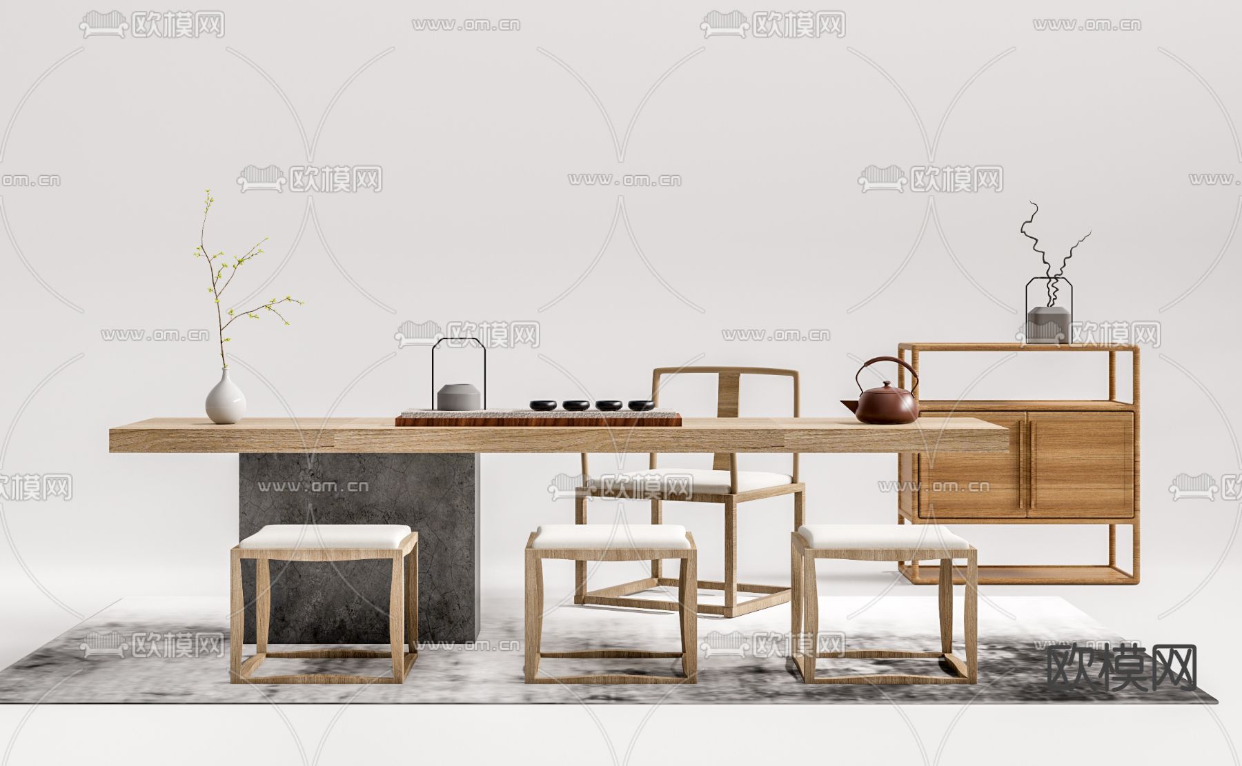 新中式实木茶桌椅su模型