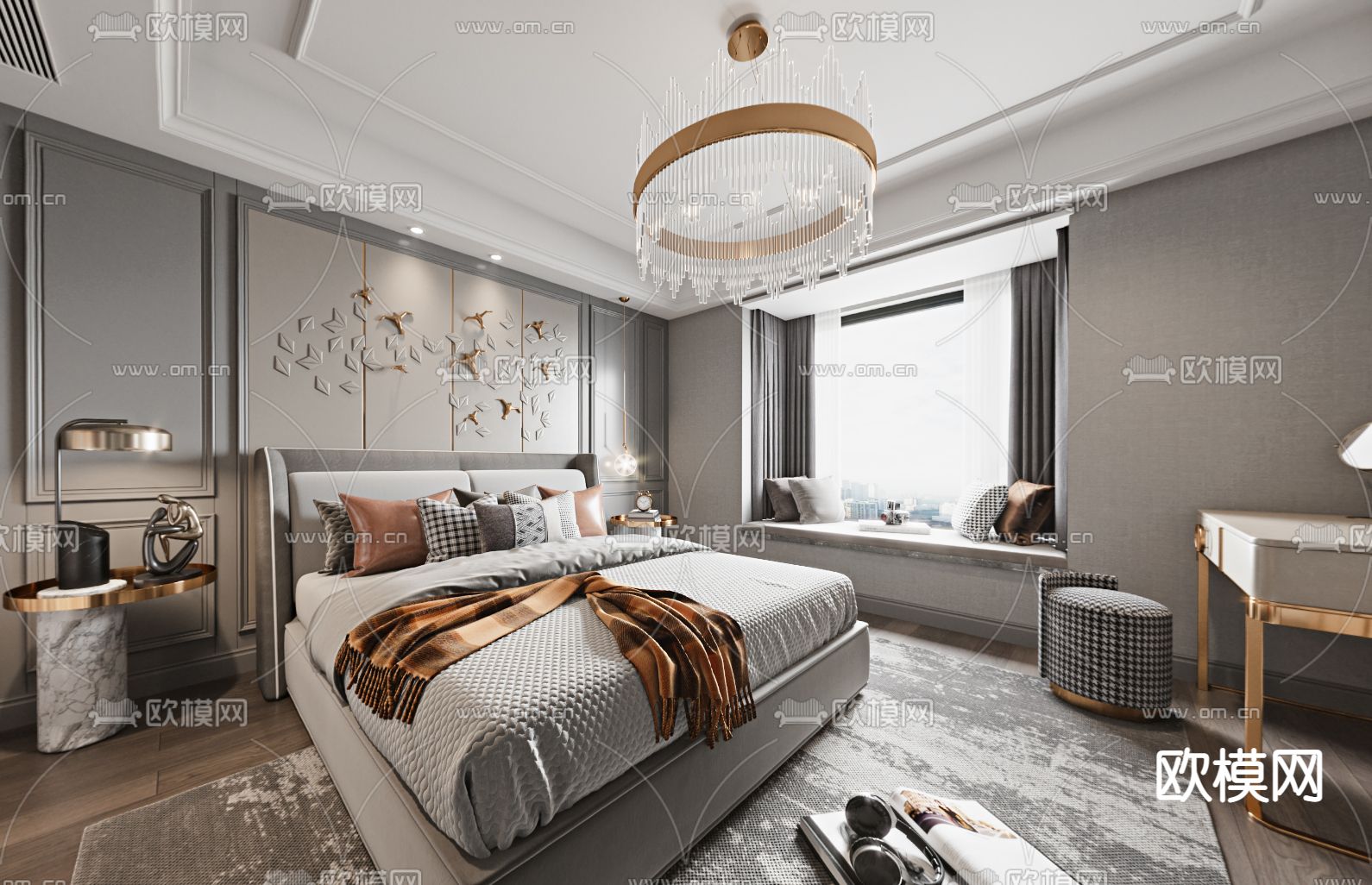 现代轻奢卧室主人房cr全景3d模型-免费3dmax模型库-欧模网
