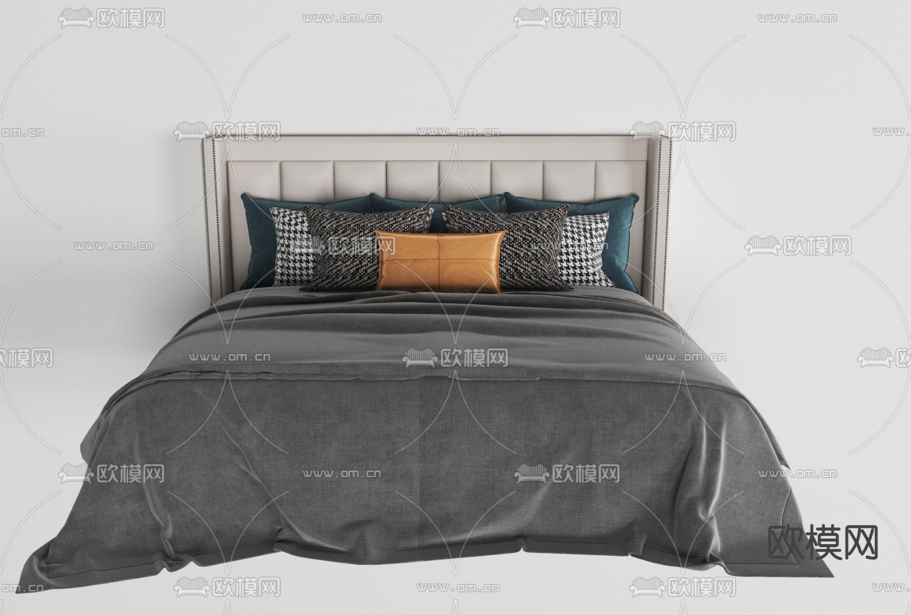 新中式布艺双人床免费3d模型下载