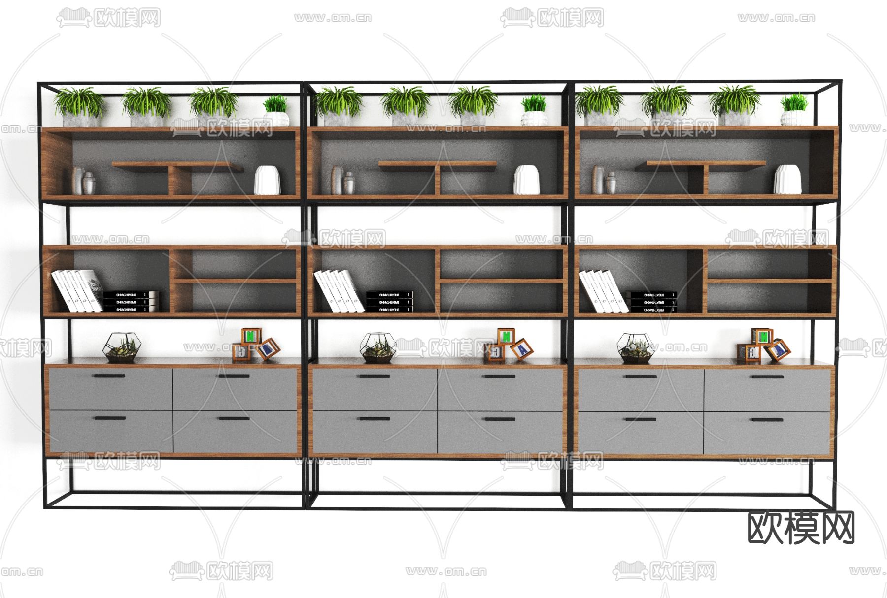 工业风铁艺实木边柜免费3d模型下载