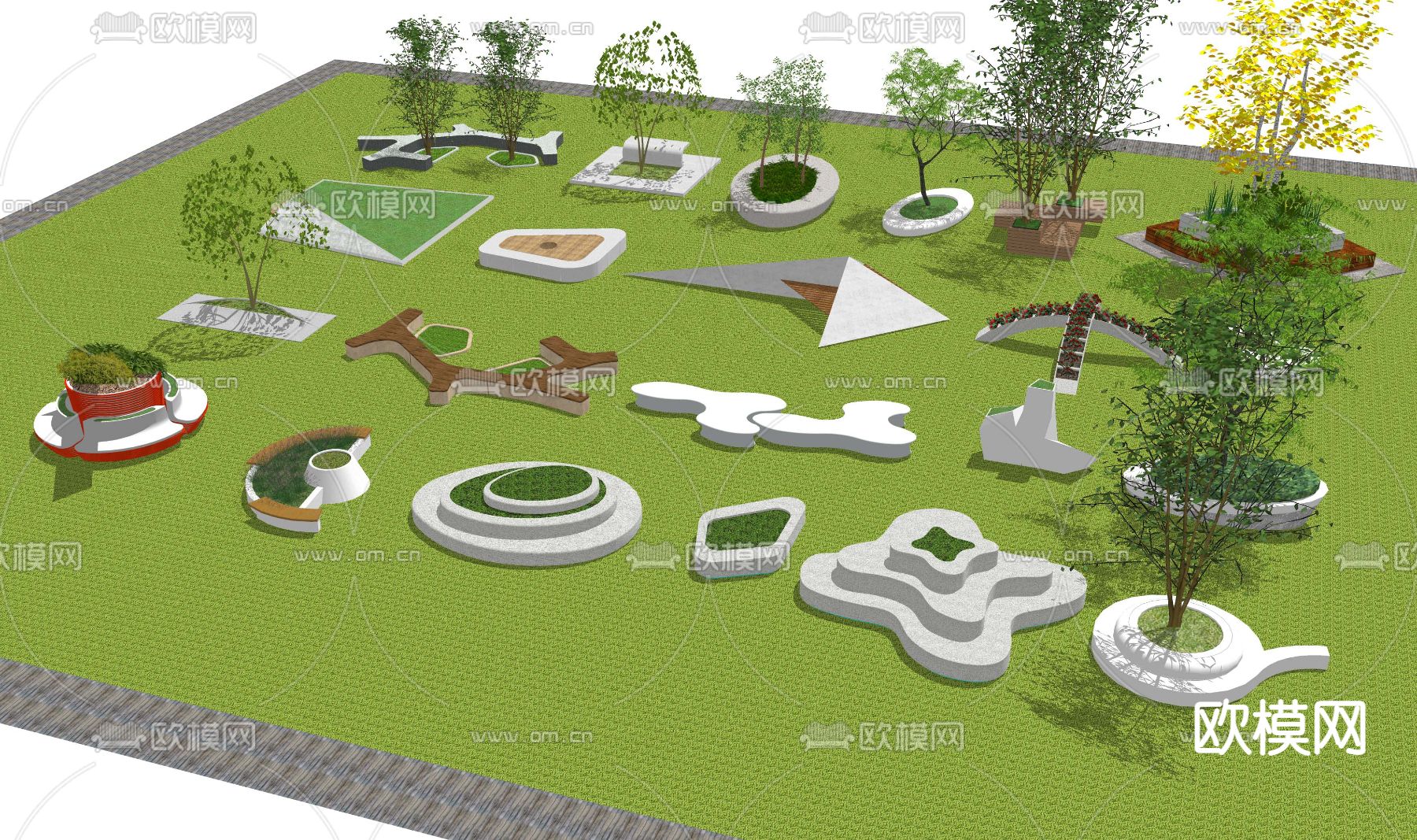 现代异形景观树池花坛座椅su模型下载（渲染图2）