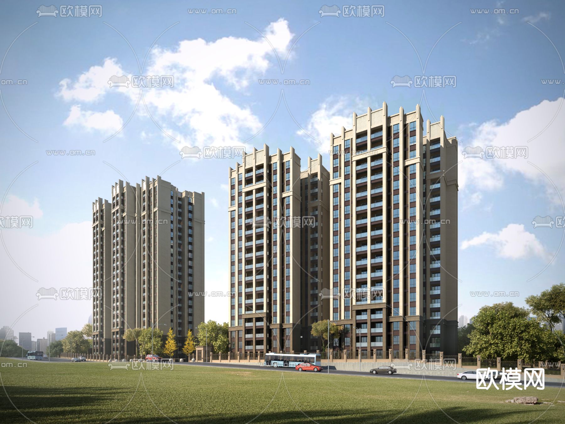 欧式高层住宅楼建筑外观3d模型下载