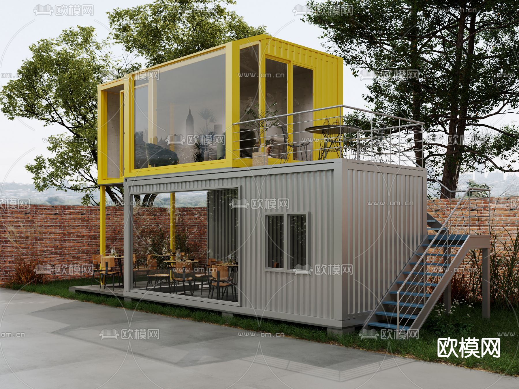 工业风集装箱餐厅外观3d模型下载