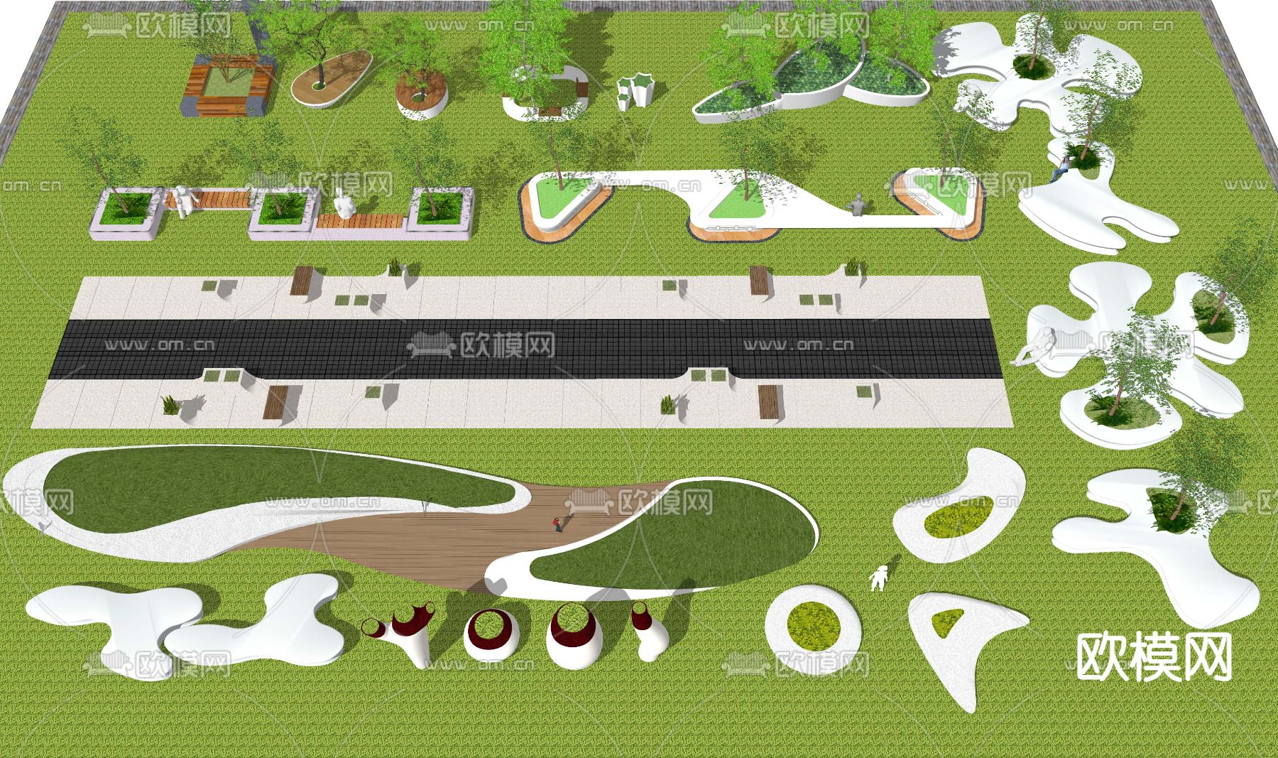 现代异形景观树池花坛座椅su模型下载（渲染图1）