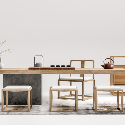 新中式实木茶桌椅su模型