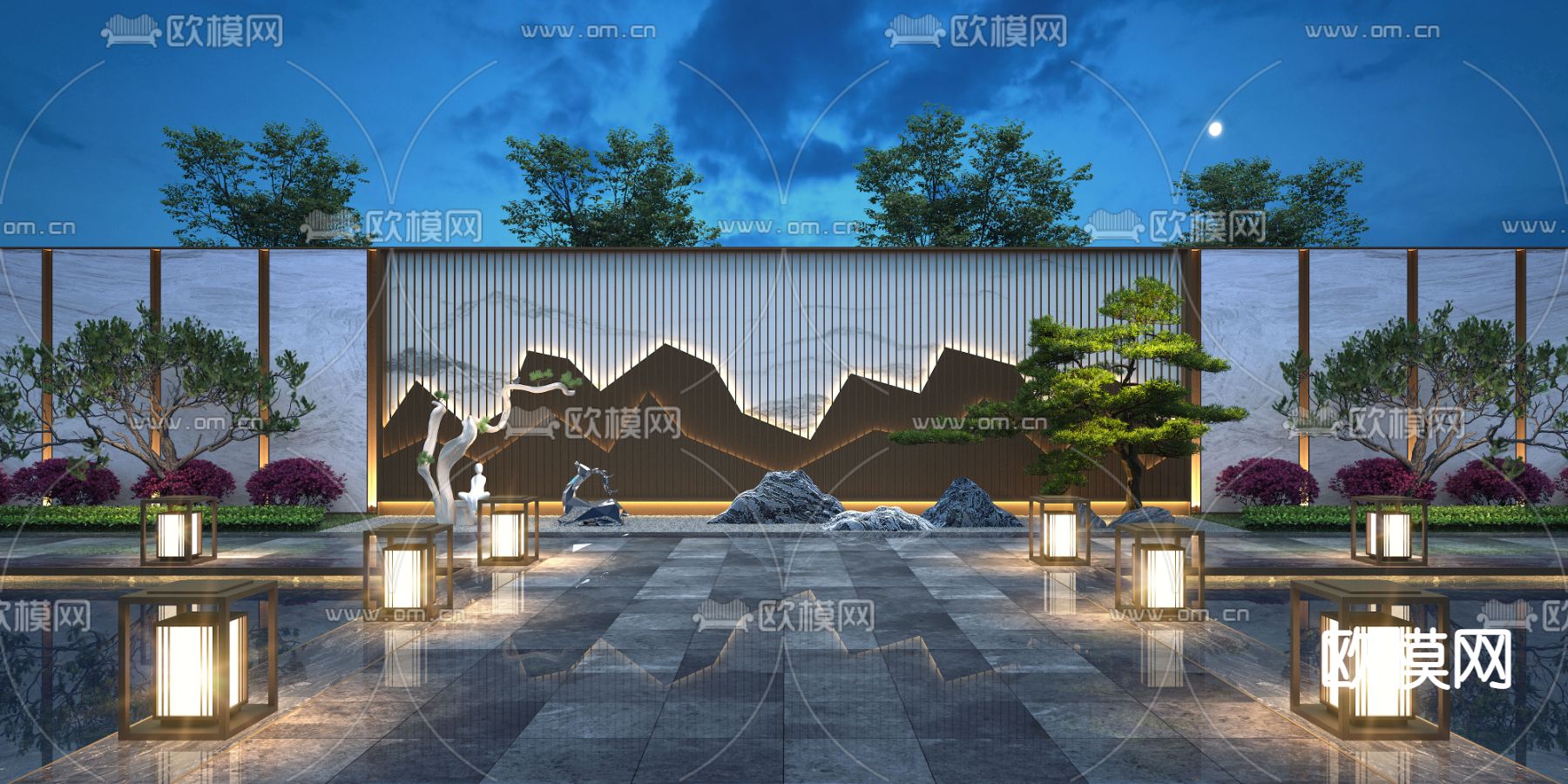 新中式庭院景观小品3d模型下载