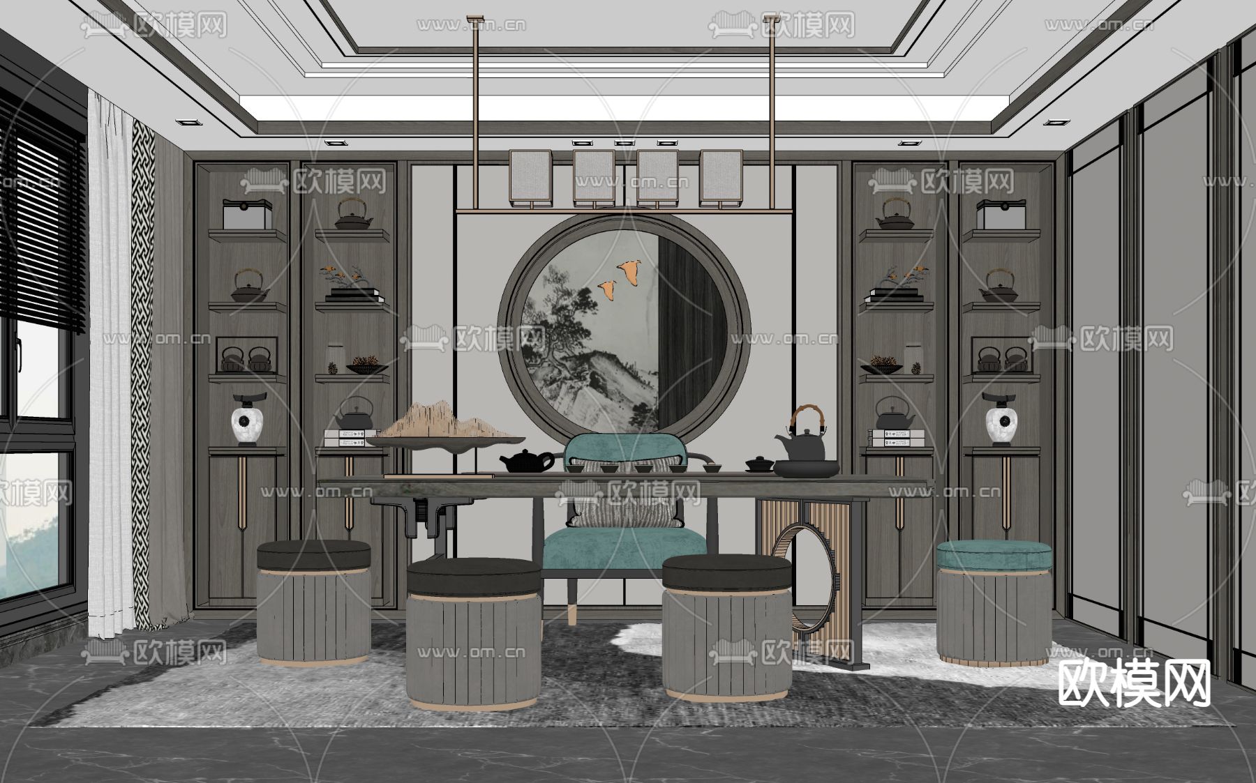 新中式茶室su模型下载（渲染图2）