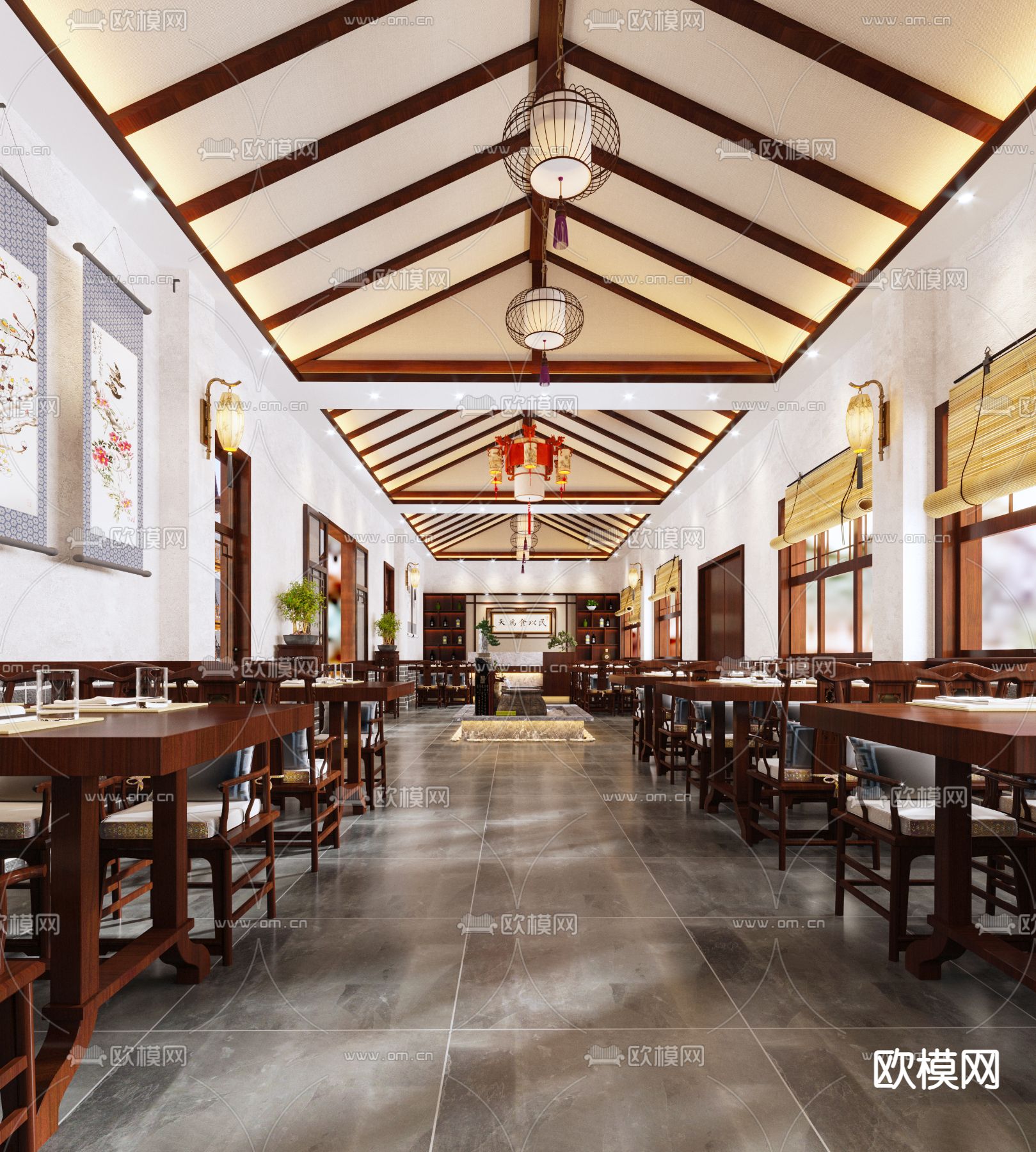 新中式中餐厅3d模型下载（渲染图1）