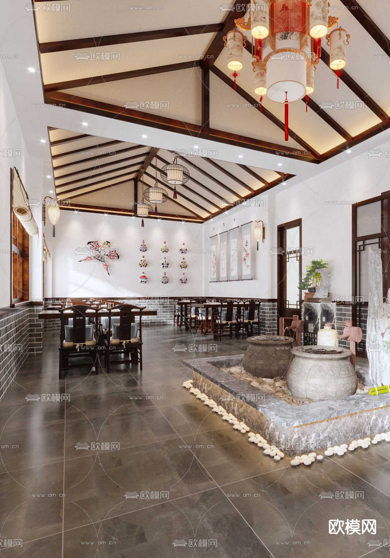 新中式中餐厅3d模型下载（渲染图2）