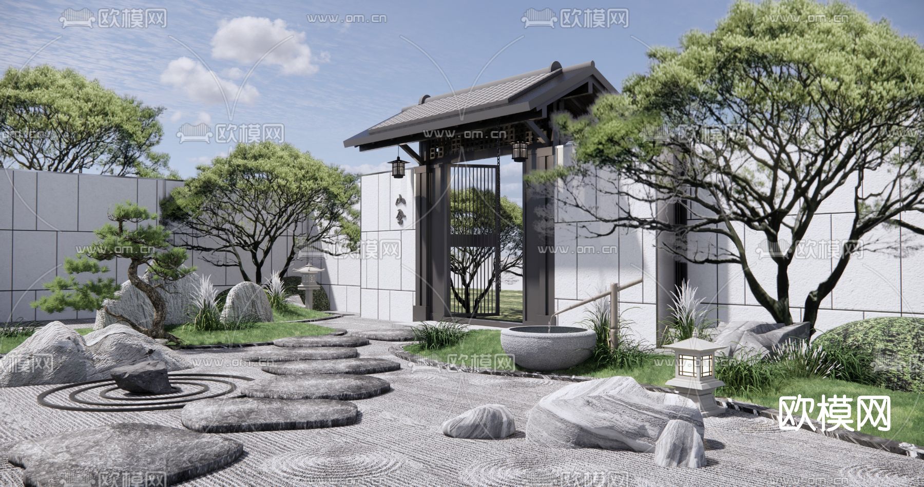 新中式枯山水庭院景观su模型下载（渲染图1）