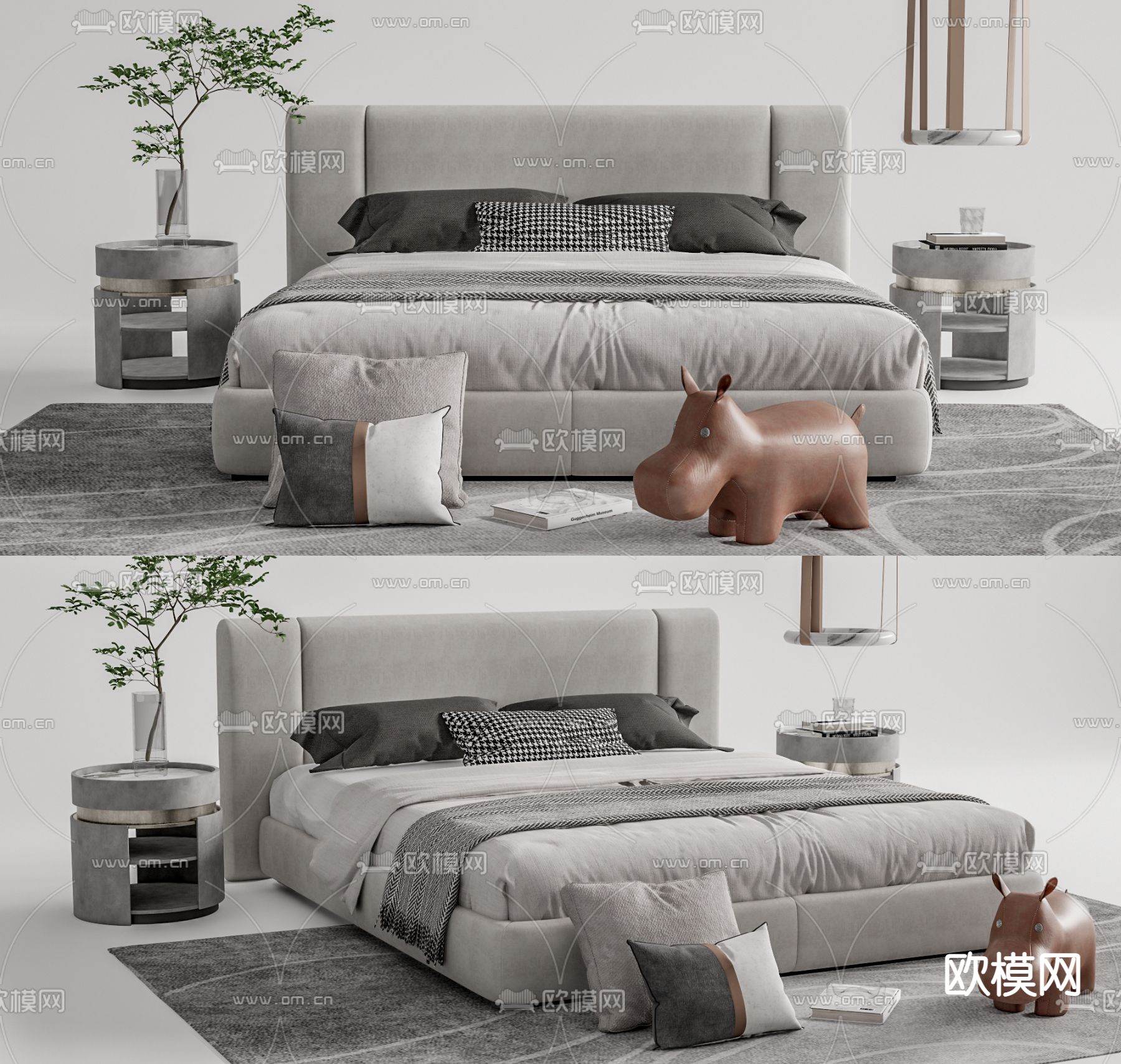 现代布艺双人床su模型下载（渲染图1）