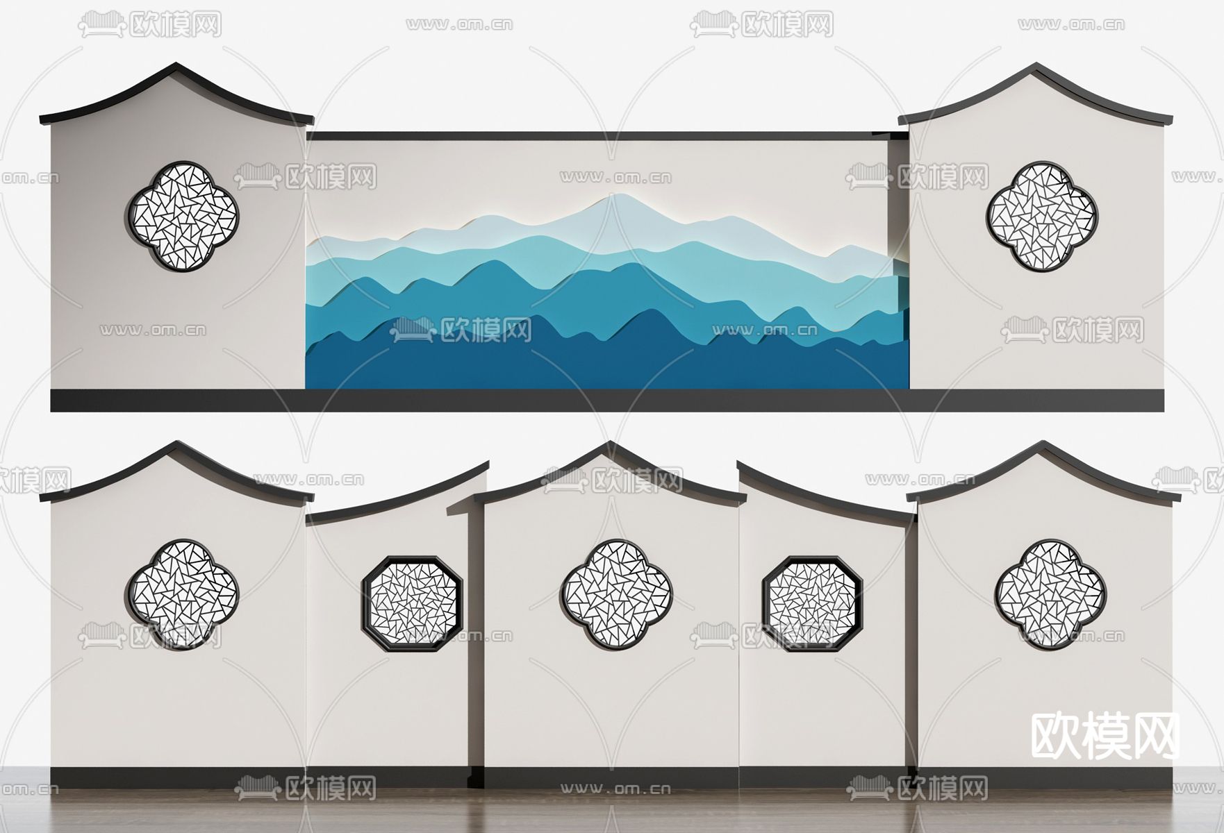 新中式山水背景墙su模型