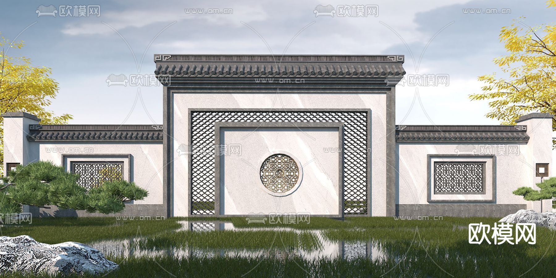 中式园林景观墙3d模型下载
