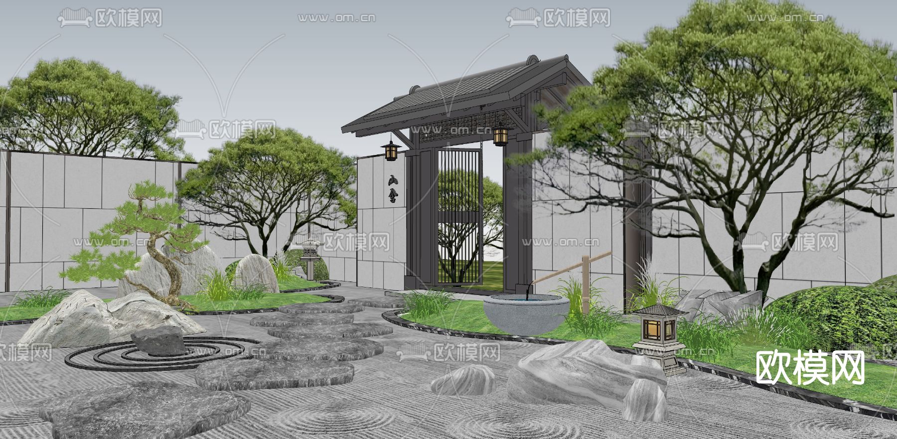 新中式枯山水庭院景观su模型下载（渲染图2）