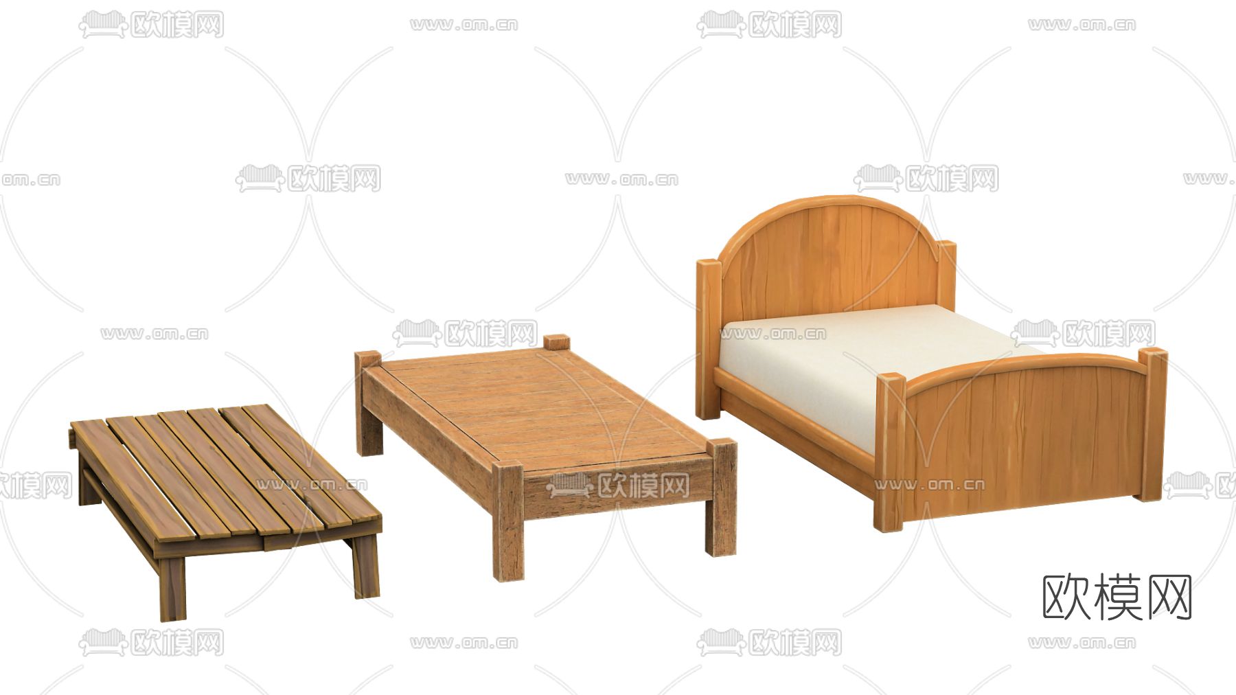 现代木质单人床茶几长凳免费3d模型下载