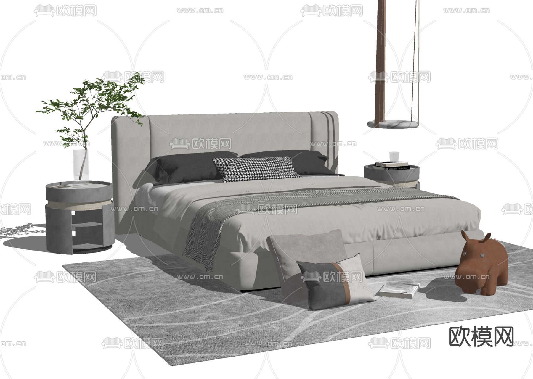 现代布艺双人床su模型下载（渲染图2）