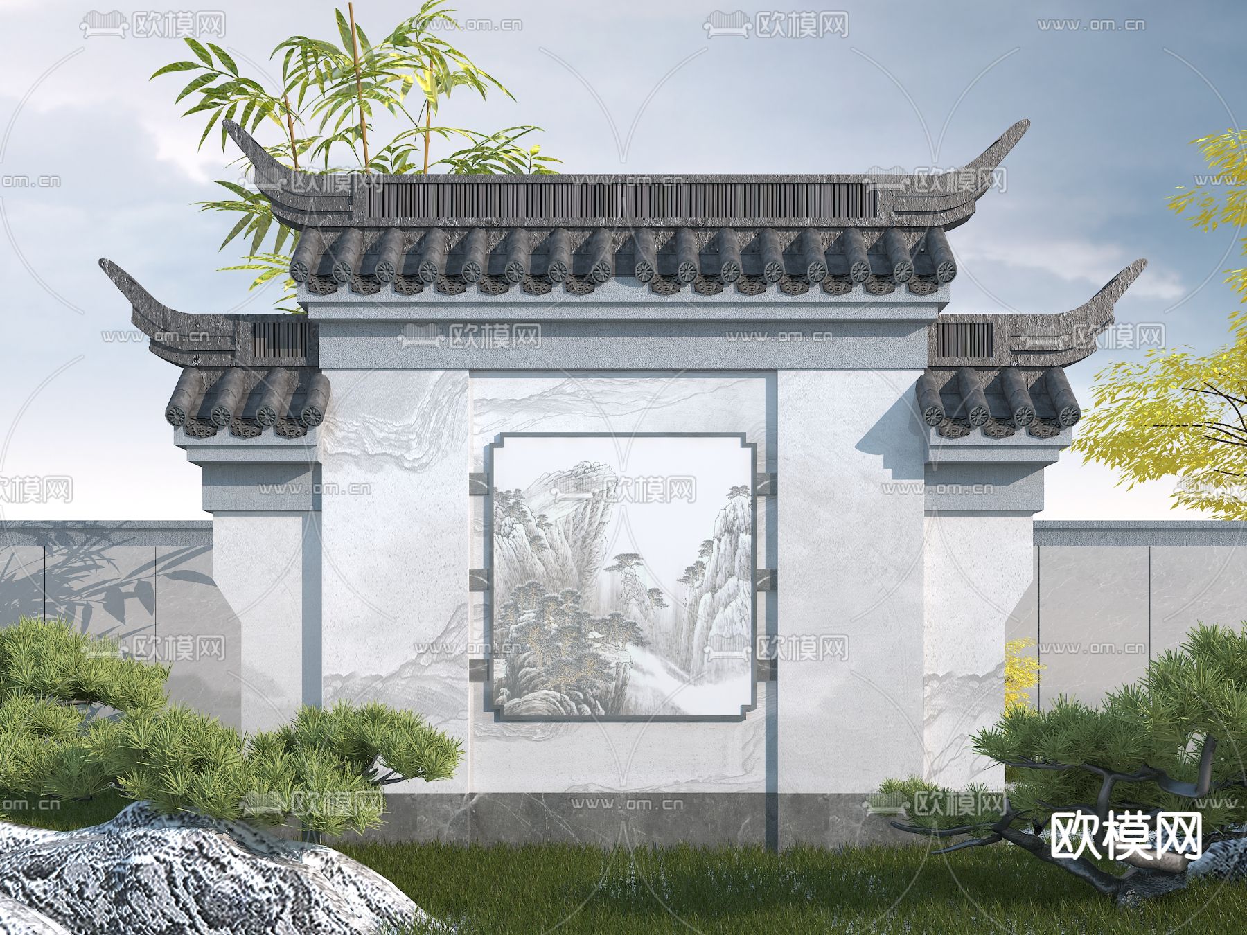 中式园林景观墙3d模型