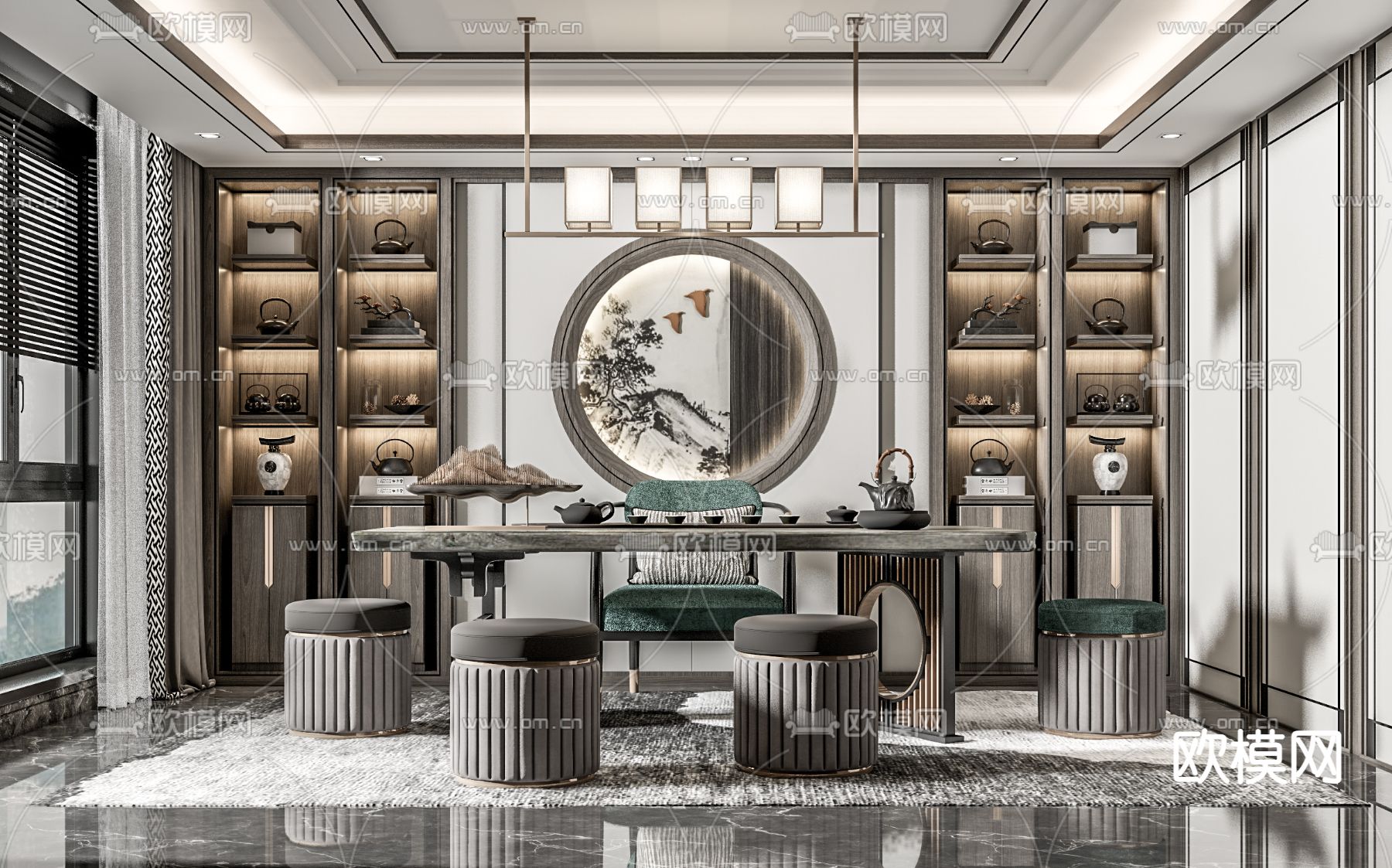 新中式茶室su模型下载（渲染图1）