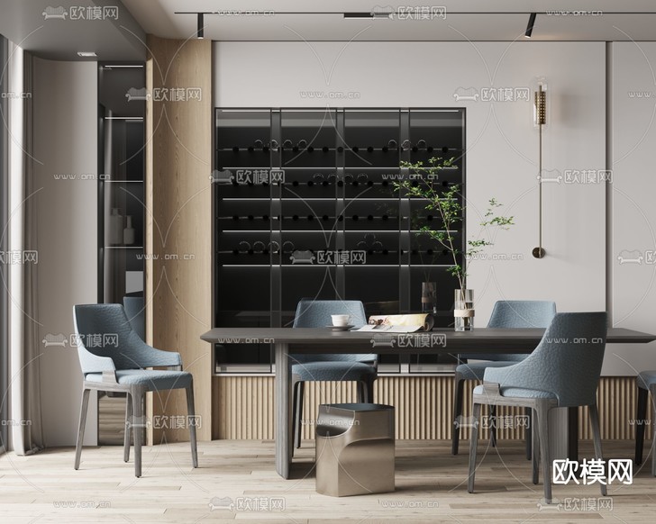 现代条形餐桌椅3d模型下载