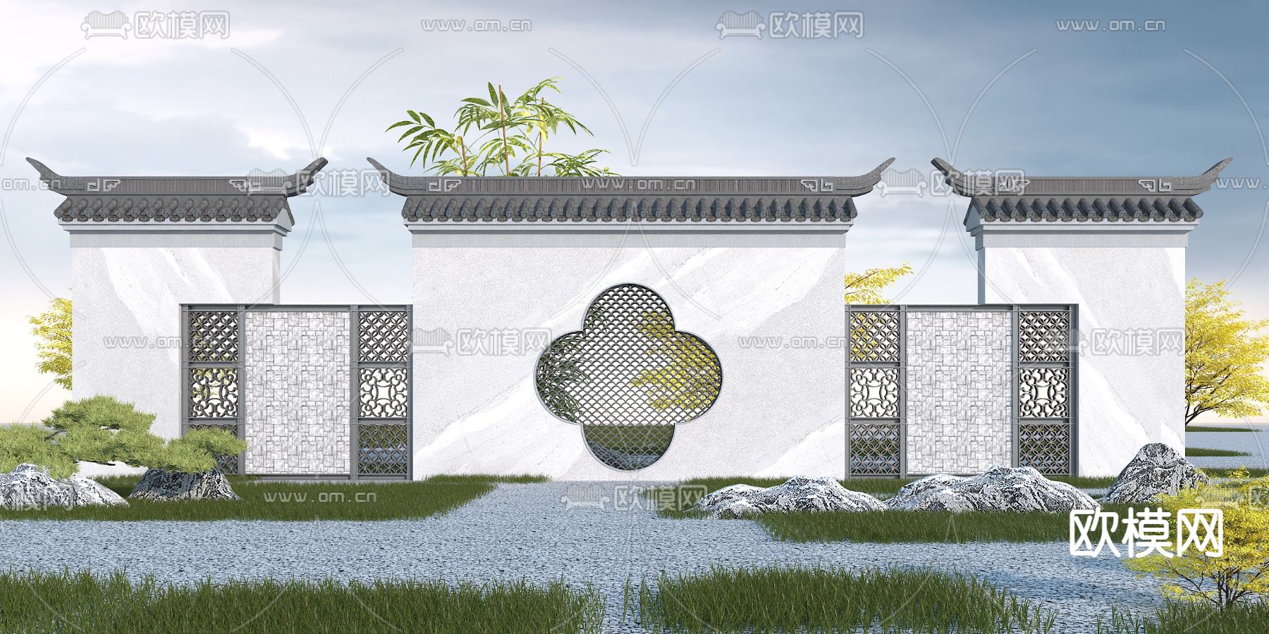 新中式园林景观墙3d模型下载