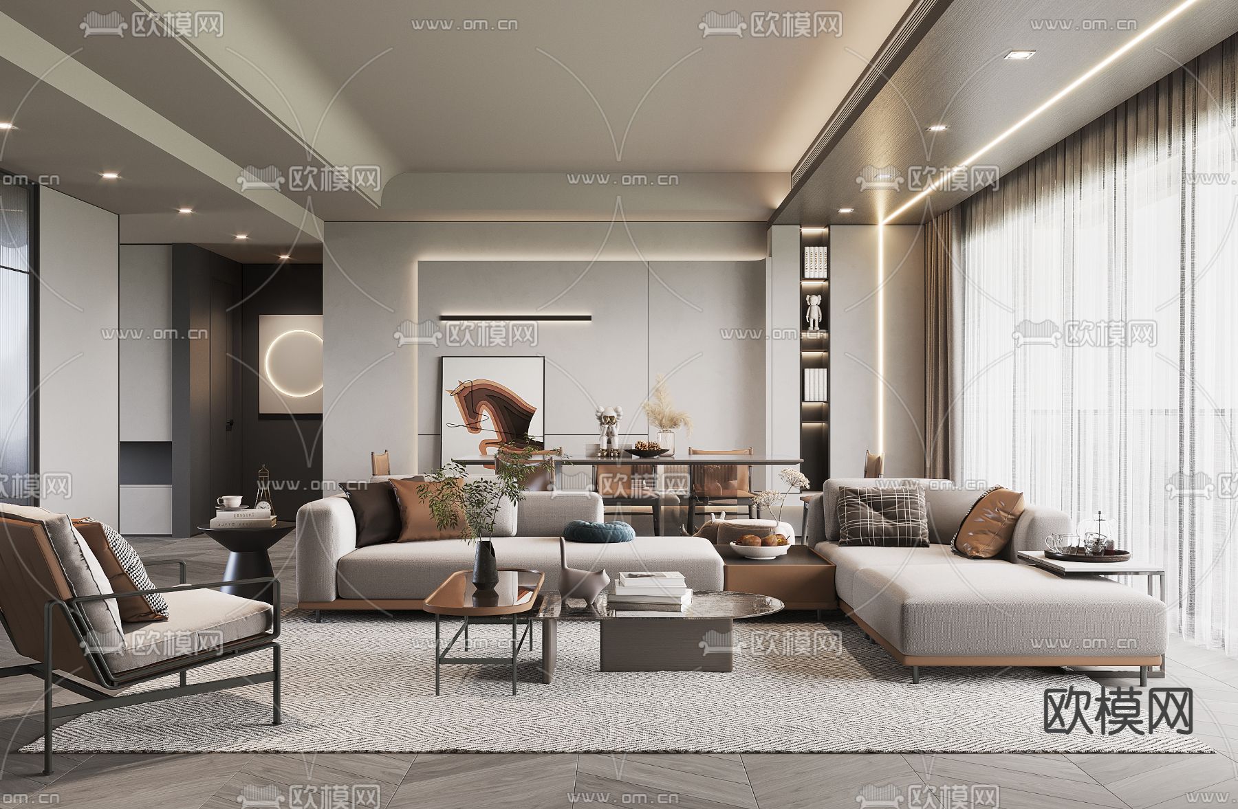 现代轻奢客厅3d模型下载（渲染图1）