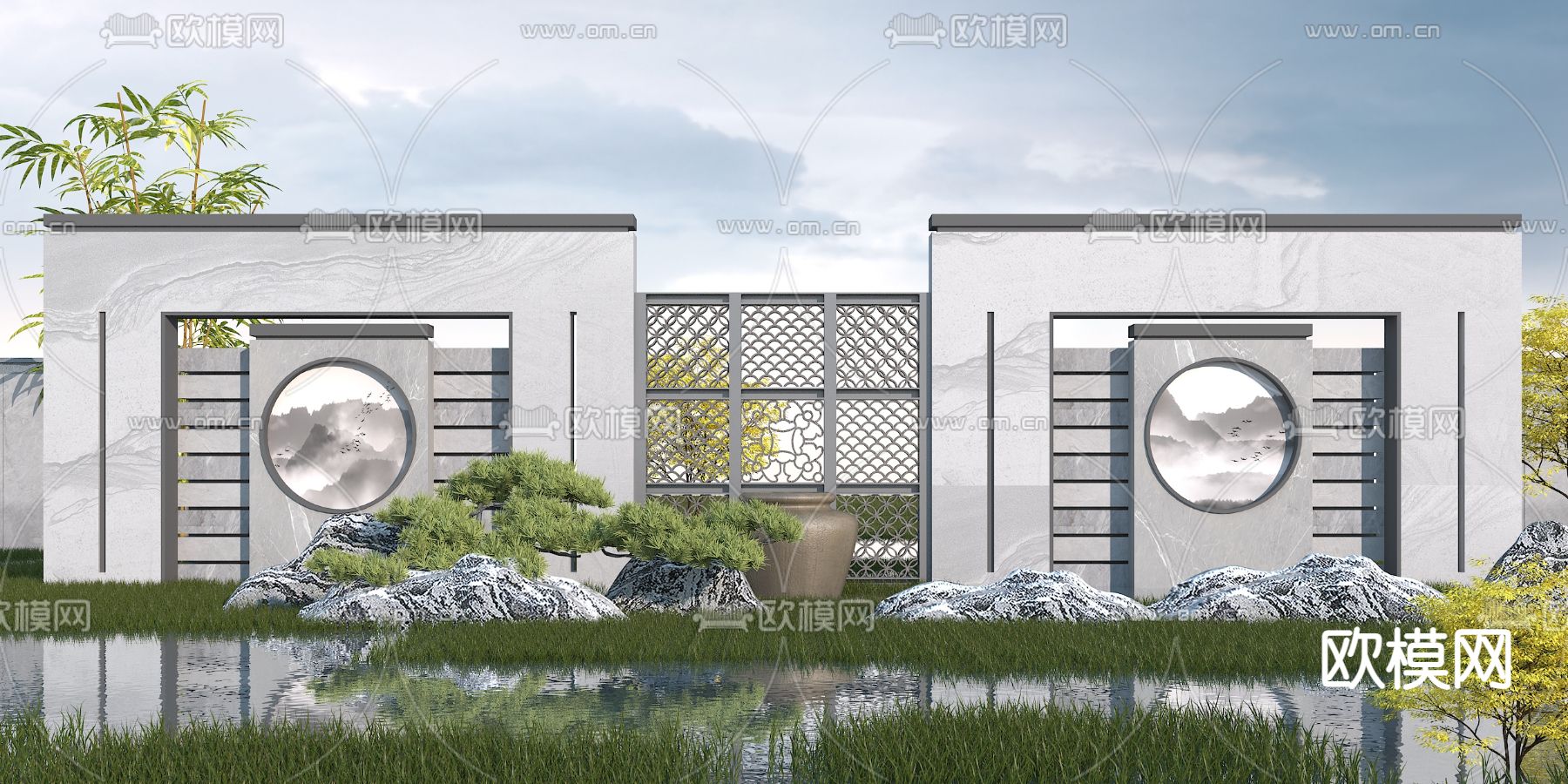 新中式园林景观墙3d模型下载