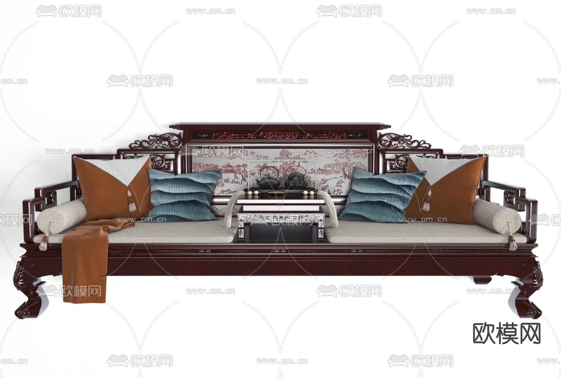 新中式实木双人沙发免费3d模型下载
