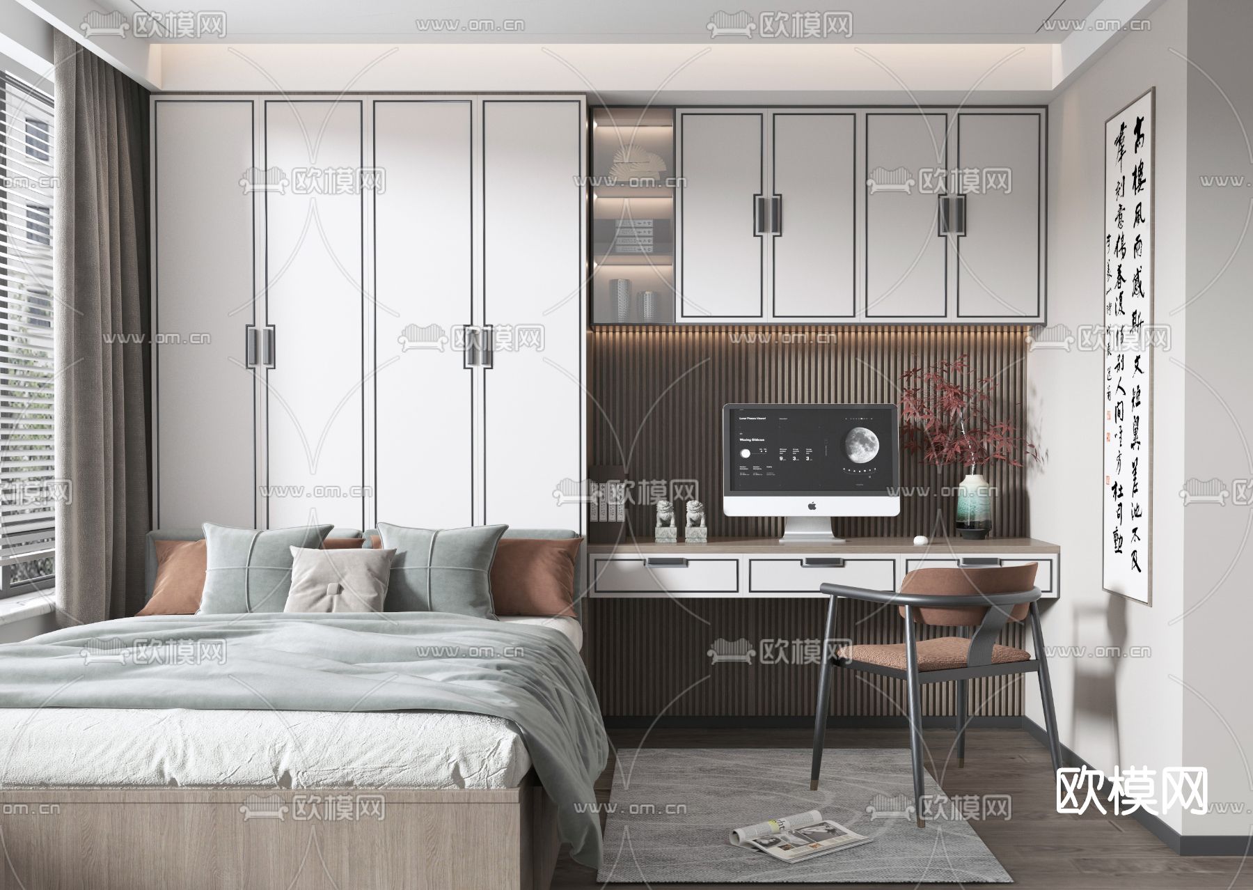 新中式榻榻米卧室3d模型下载